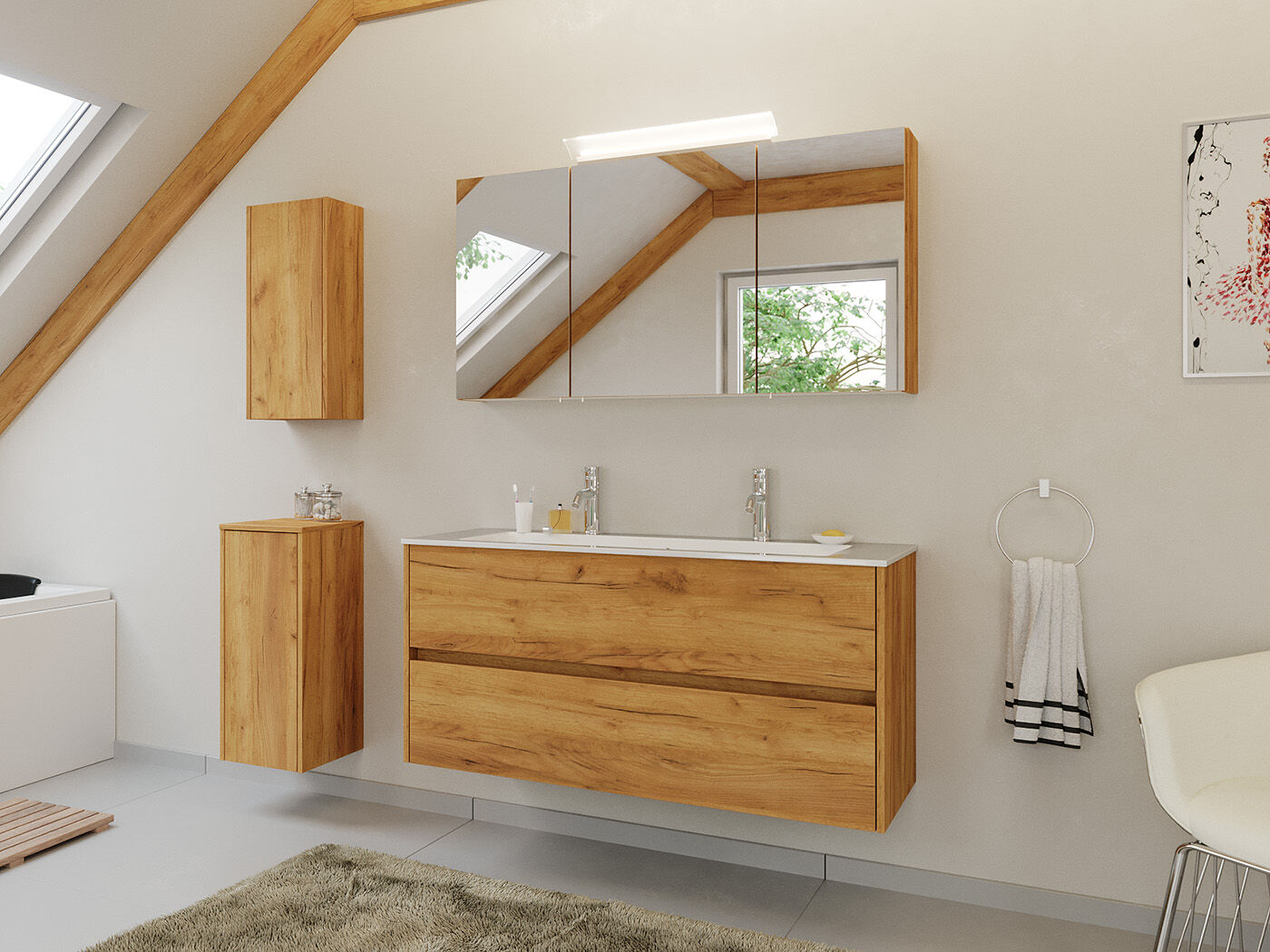 Badmöbel Set Taifun 4tlg. 120 cm mit Spiegelschrank & 2x Badschrank eiche gold