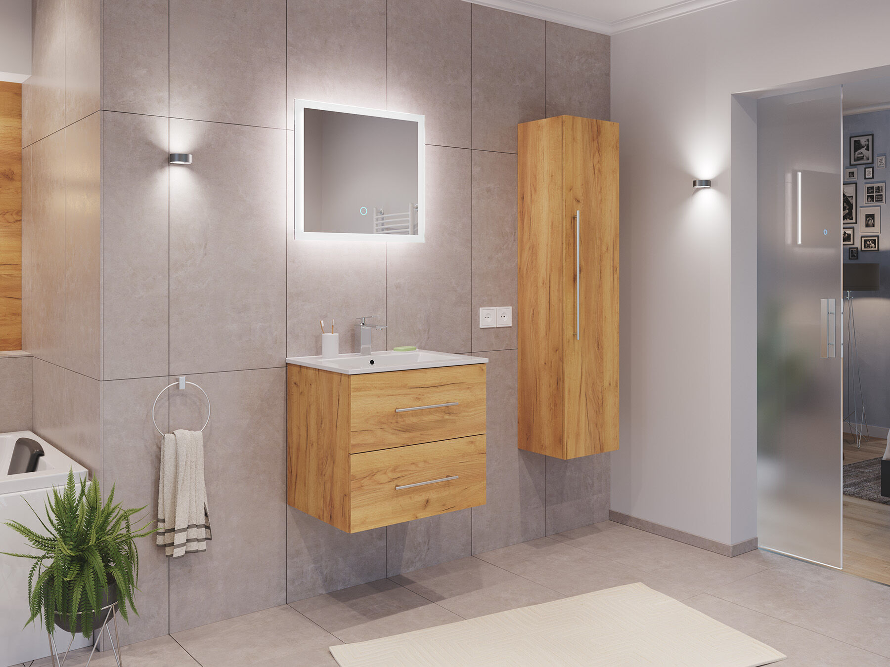 Badmöbel Set Firenze 60 3tlg. LED Spiegel und Hochschrank grafit