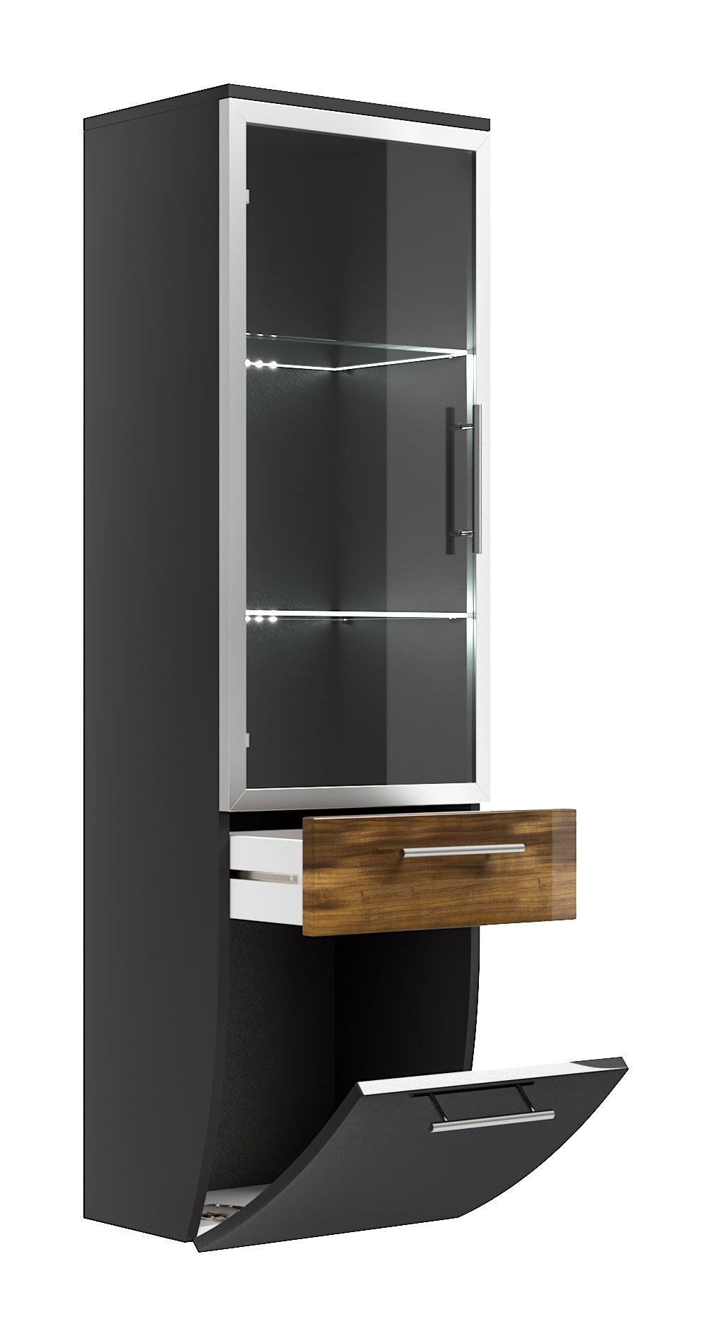 Hochschrank Salona 135 cm mit Glastür Walnuss hochglanz/Grafit hochglanz