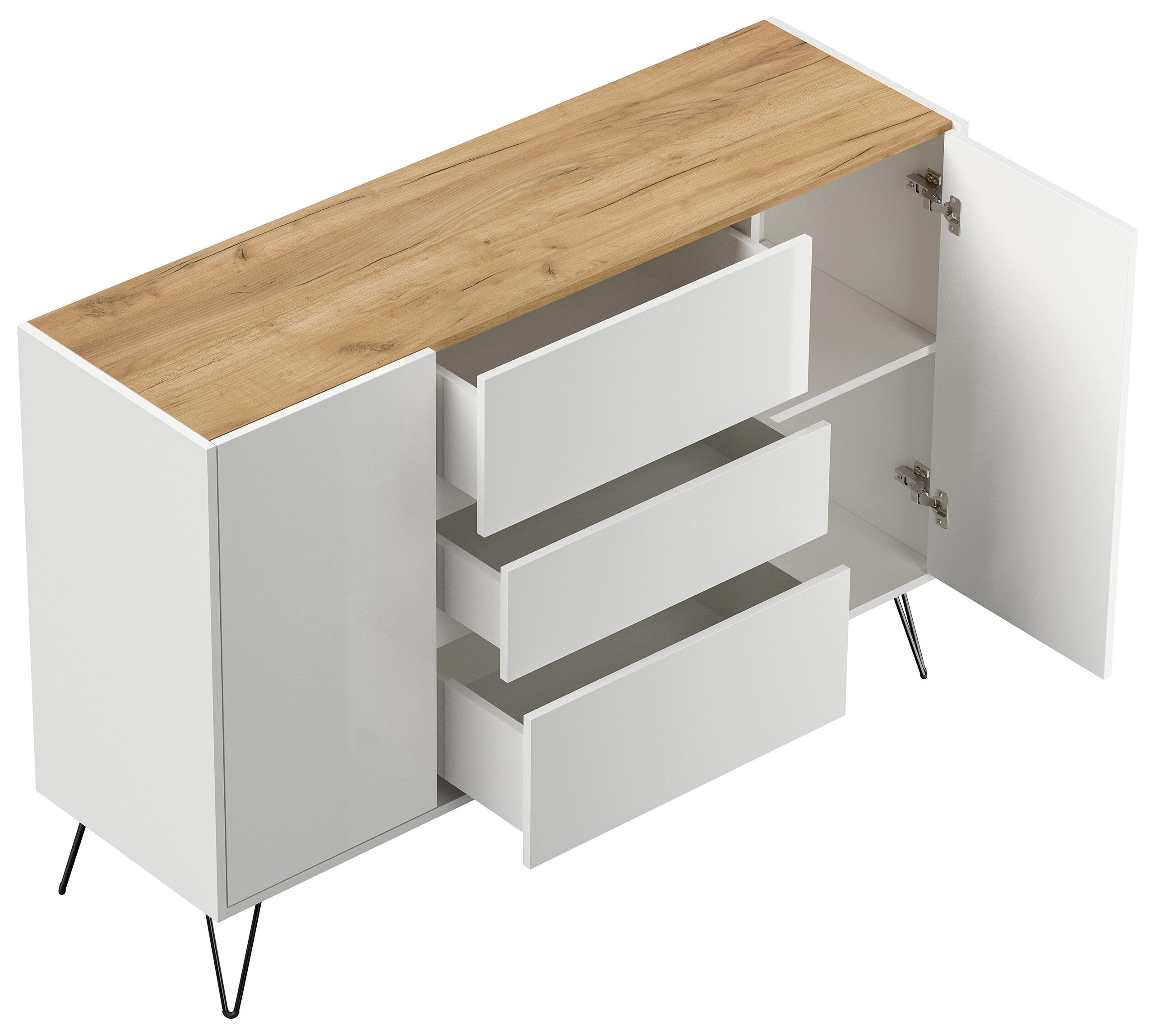 Sideboard Yako XL 140cm 3 SoftClose 2 Türen Weiß/Eiche Top