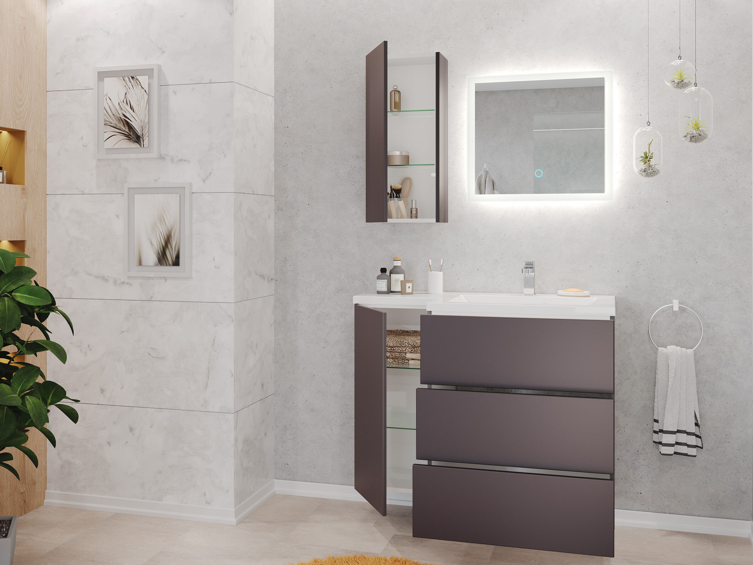 Badblock Adelia links 3er Set LED-Spiegel Hängeschrank anthrazit 