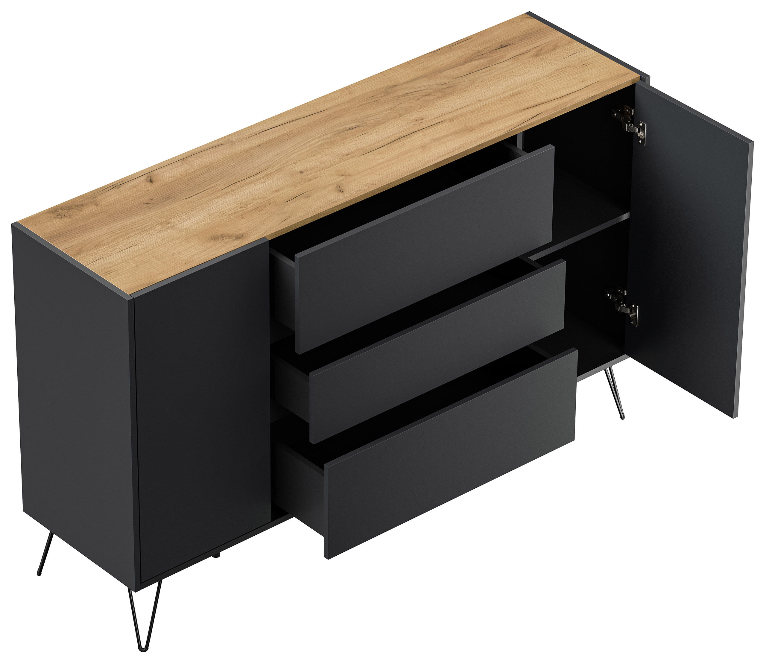 Sideboard Kommode Lovo 155cm Greifraum 3 SoftClose 2 Türen Weiß/Eiche Front