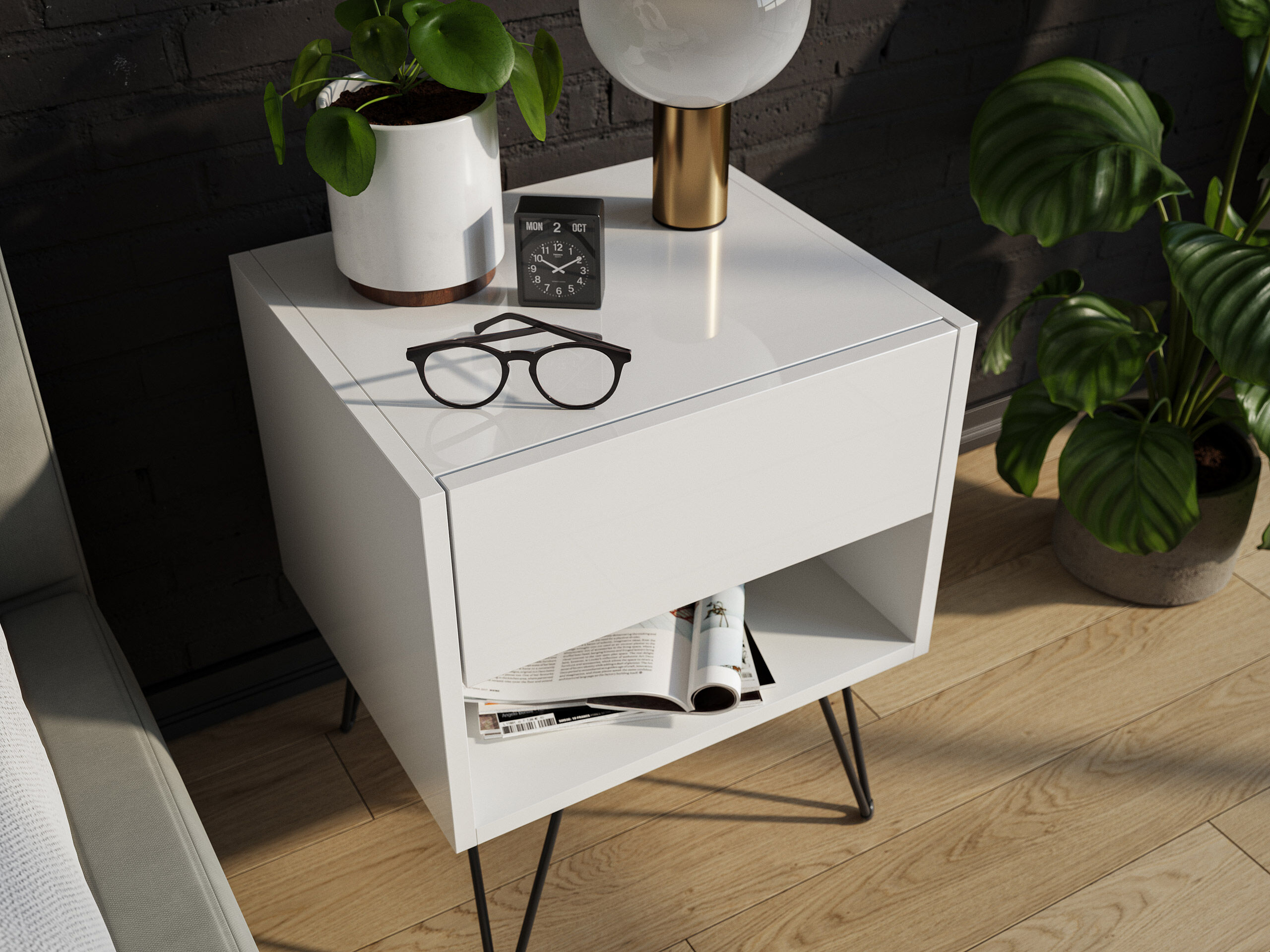 2er Set Nachttisch Dion 40cm SoftClose stehend Weiß & Eiche Front