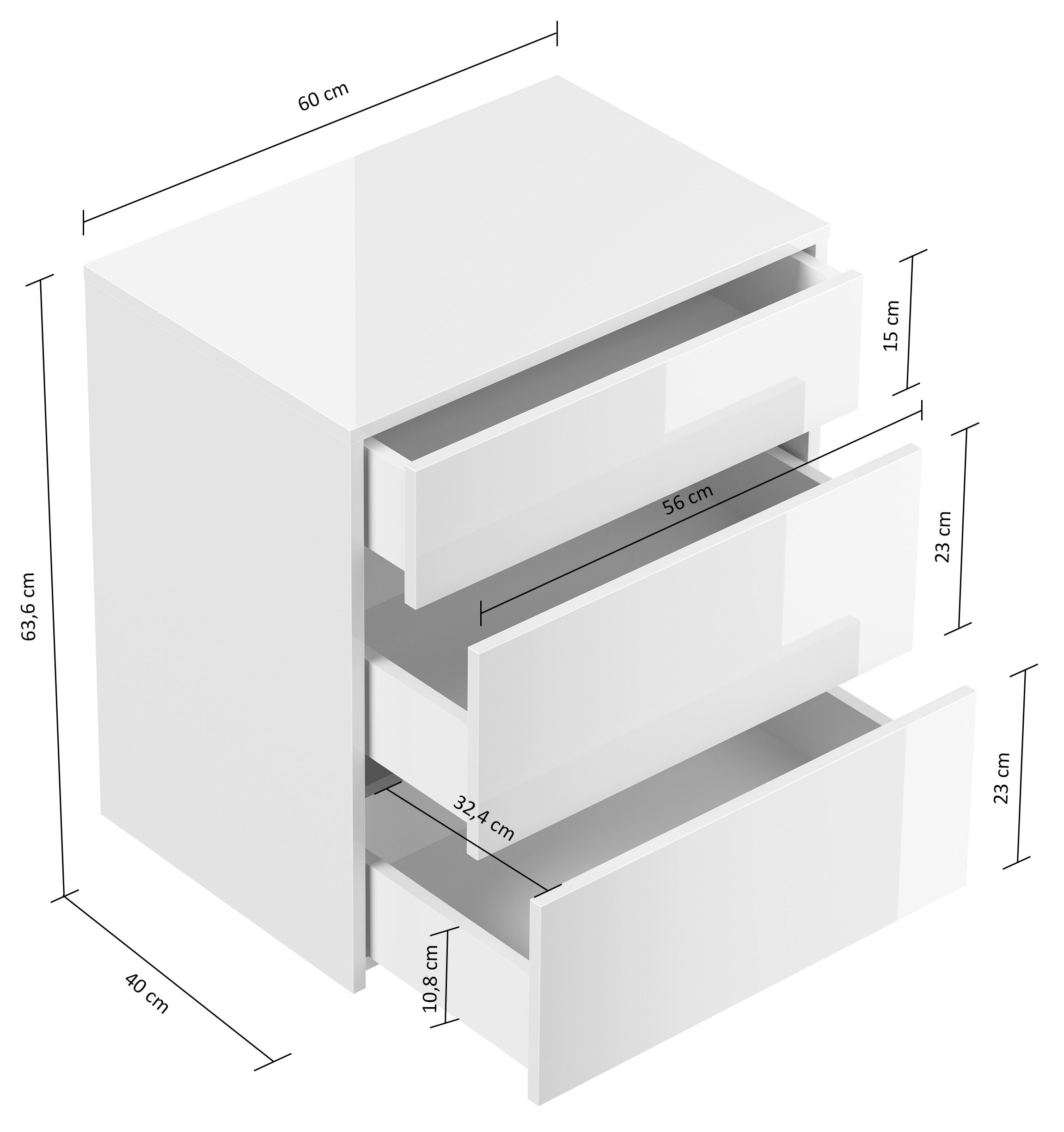 Design Nachttisch Lux L 60cm hängend, 3 Pushauszüge Weiß Hgl