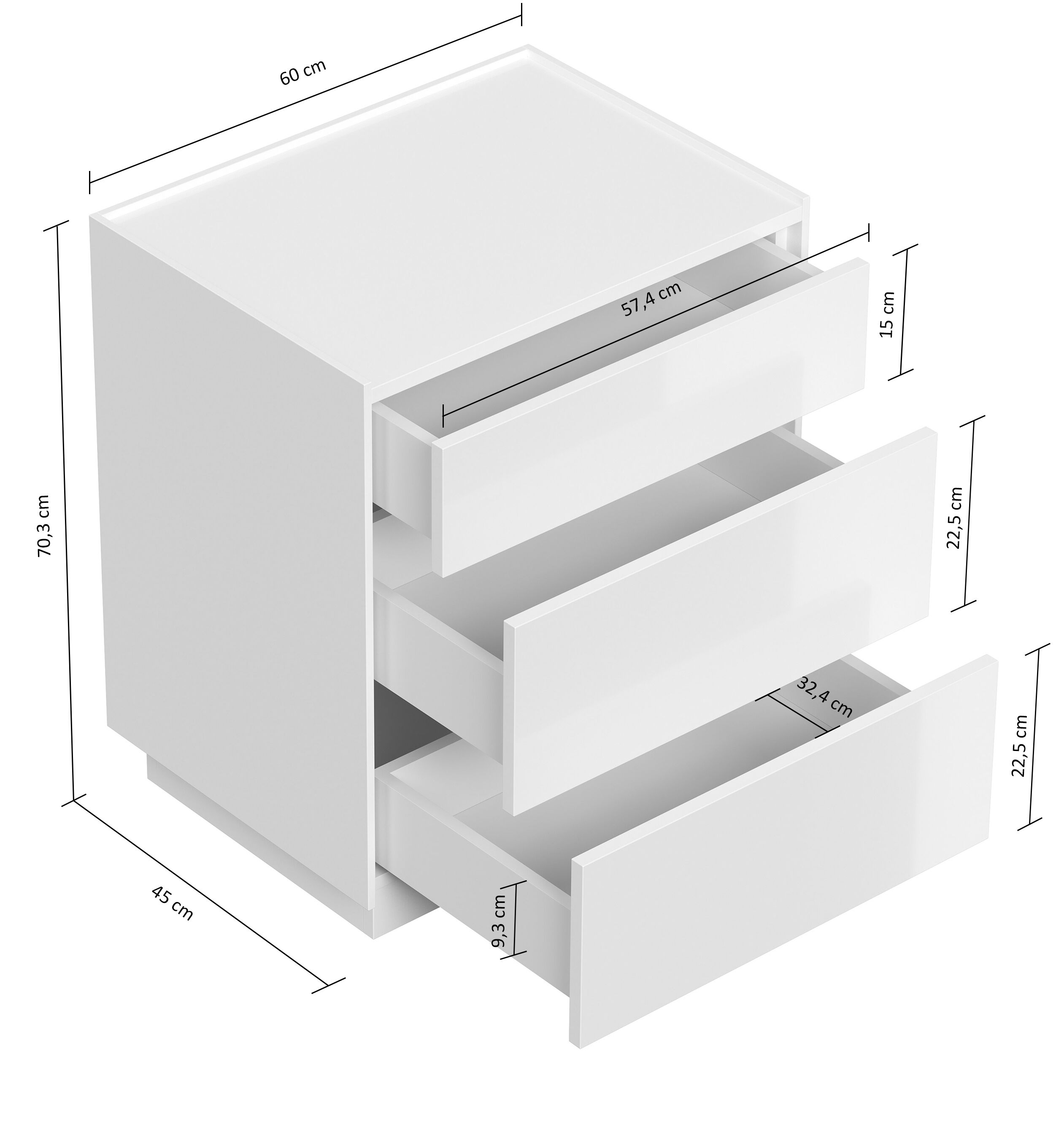 Design Nachttisch Kommode Lux L 60cm, Quarztop, 3 Pushauszüge lackiert Weiß Hgl
