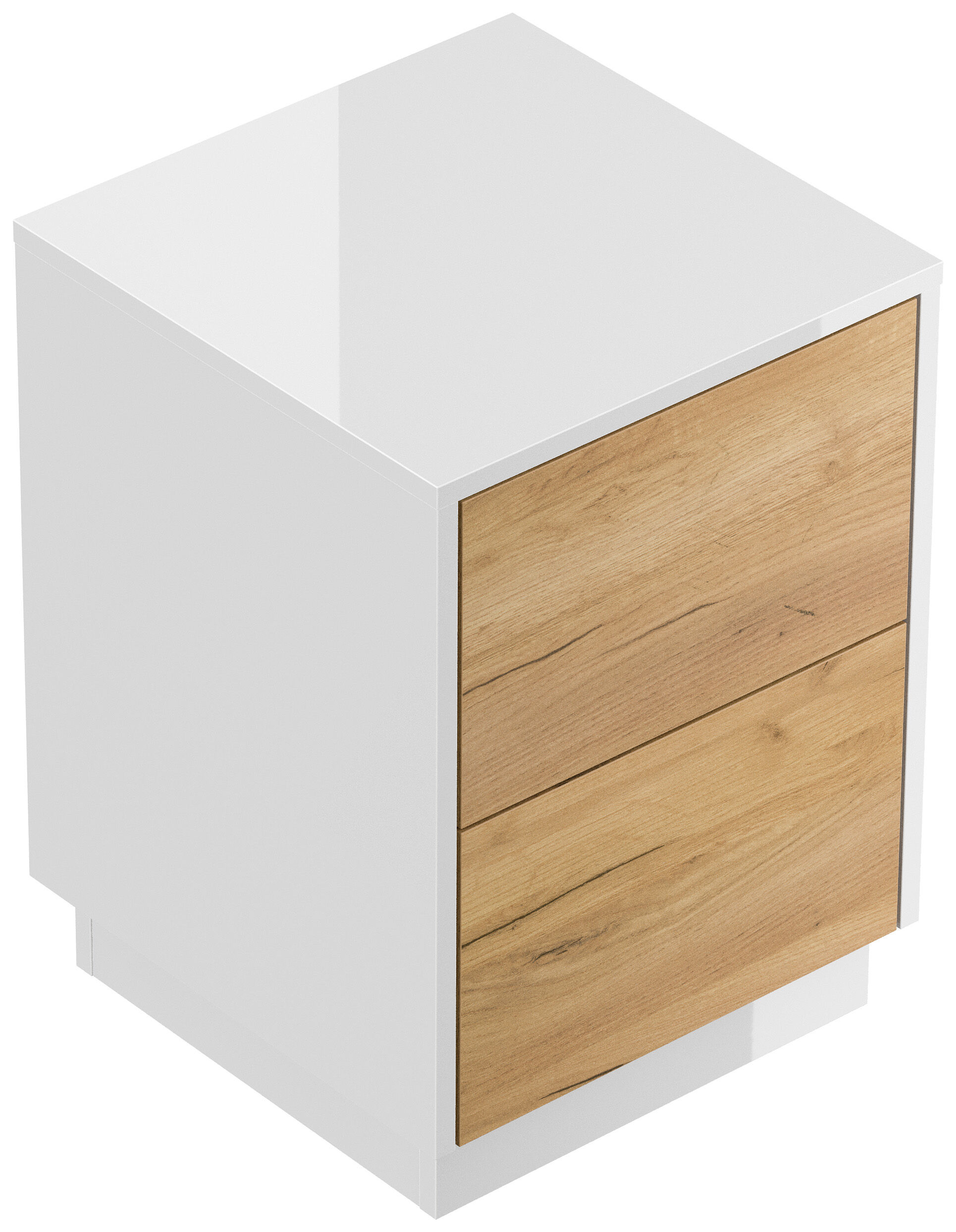 Design Nachttisch Concepto S 40cm stehend, 2 Pushauszüge Weiß Hgl Eiche | Weiss hochglanz / Eiche Gold