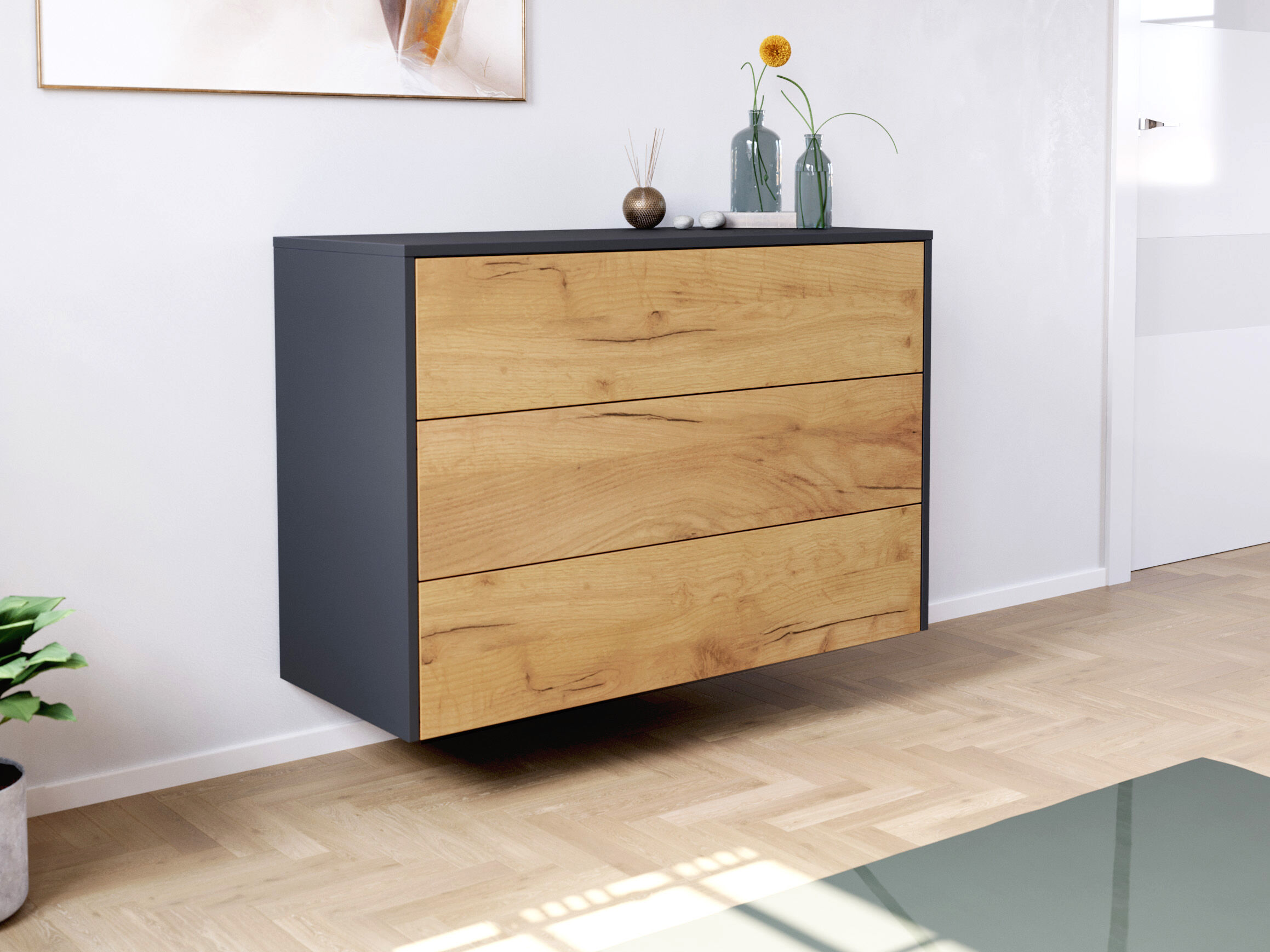 Sideboard Kommode Hero B hängend 100cm 3 Pushauszüge Grafit Eiche | Grafit / Eiche Gold