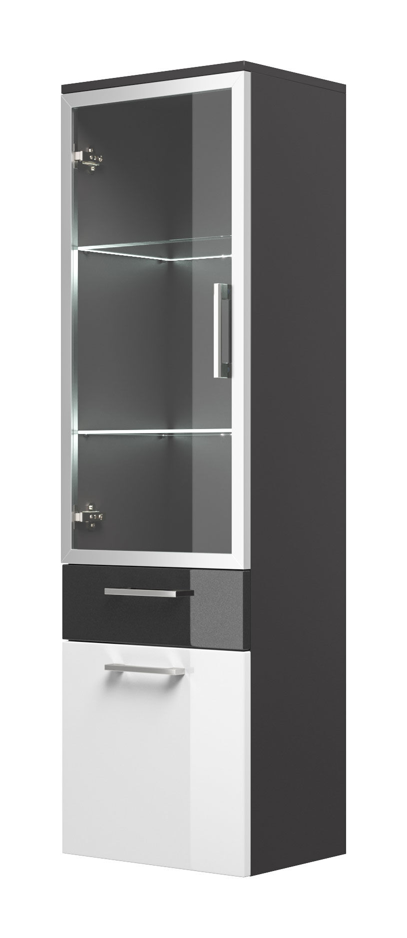 Hochschrank Rima 135 cm mit Glastür Weiss hochglanz/Grafit hochglanz