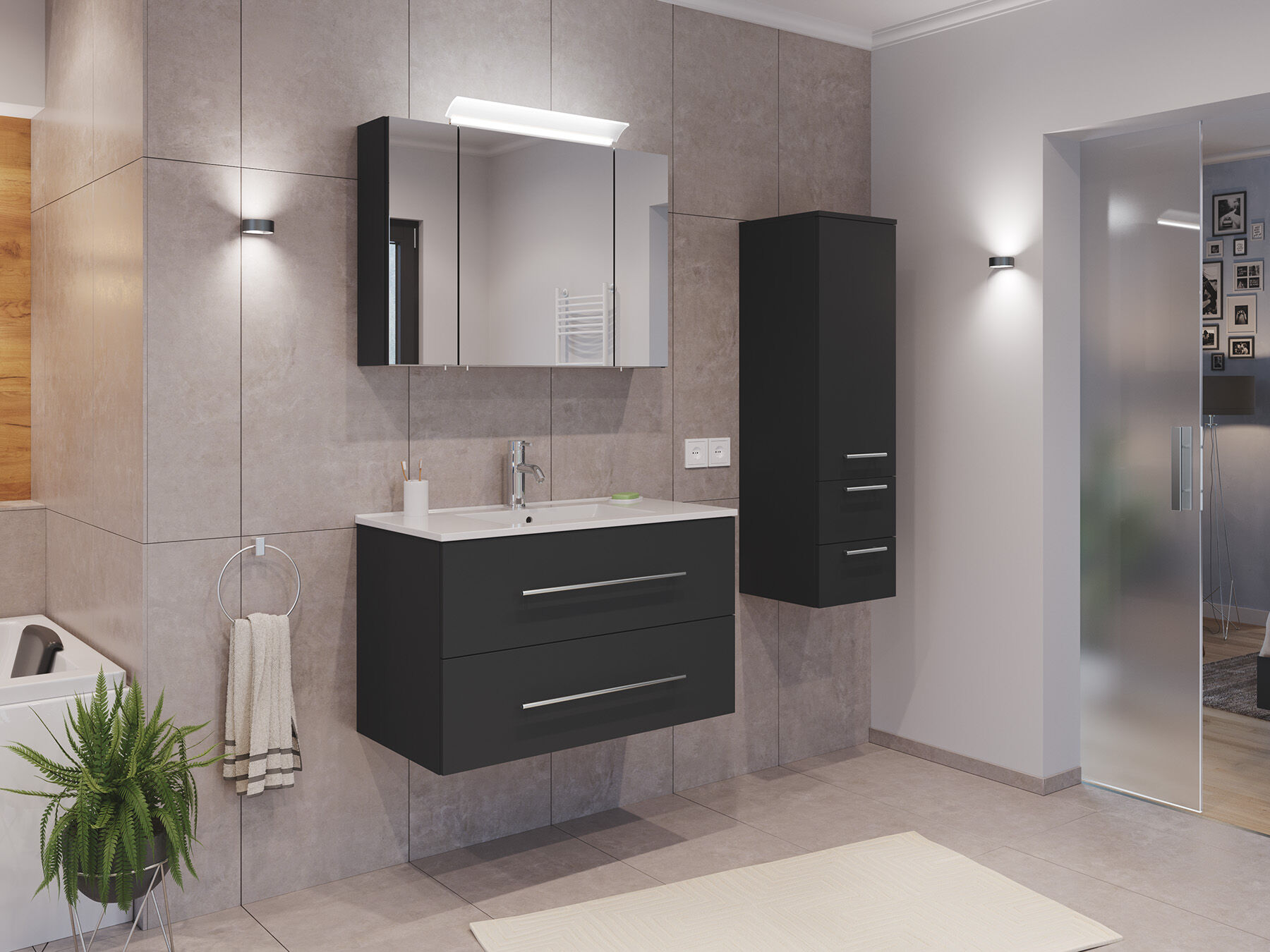 Badmöbel Set Firenze 90 3tlg. Spiegelschrank & Seitenschrank weiß hochglanz