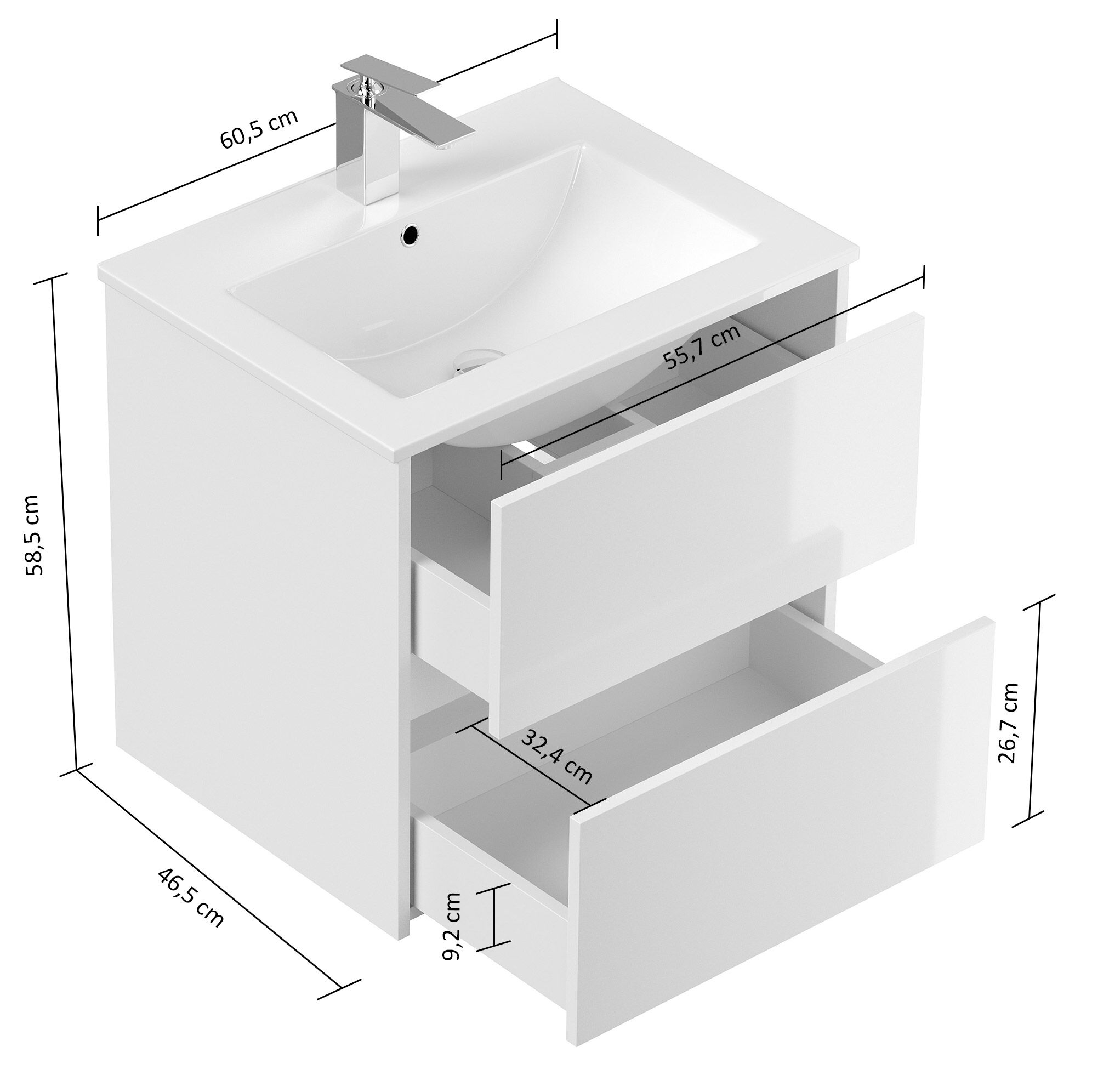 Badmöbelset Taifun 60cm 4tlg mit Spiegelschrank & 2x Seitenschrank grafit
