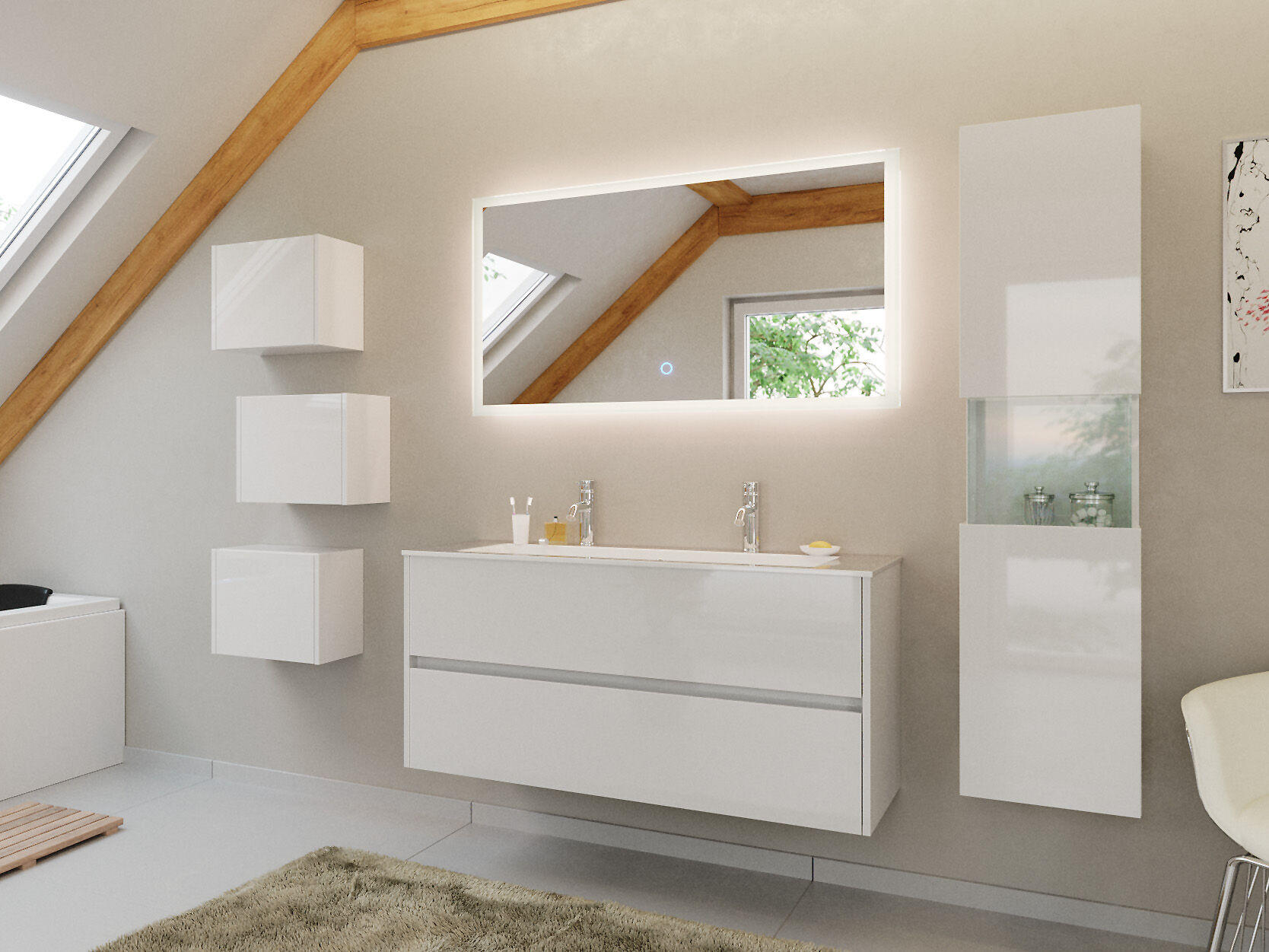 Doppel-Badmöbel Set Taifun 4tlg. 120cm LED Spiegel 3er Boxen & Hochschrank eiche