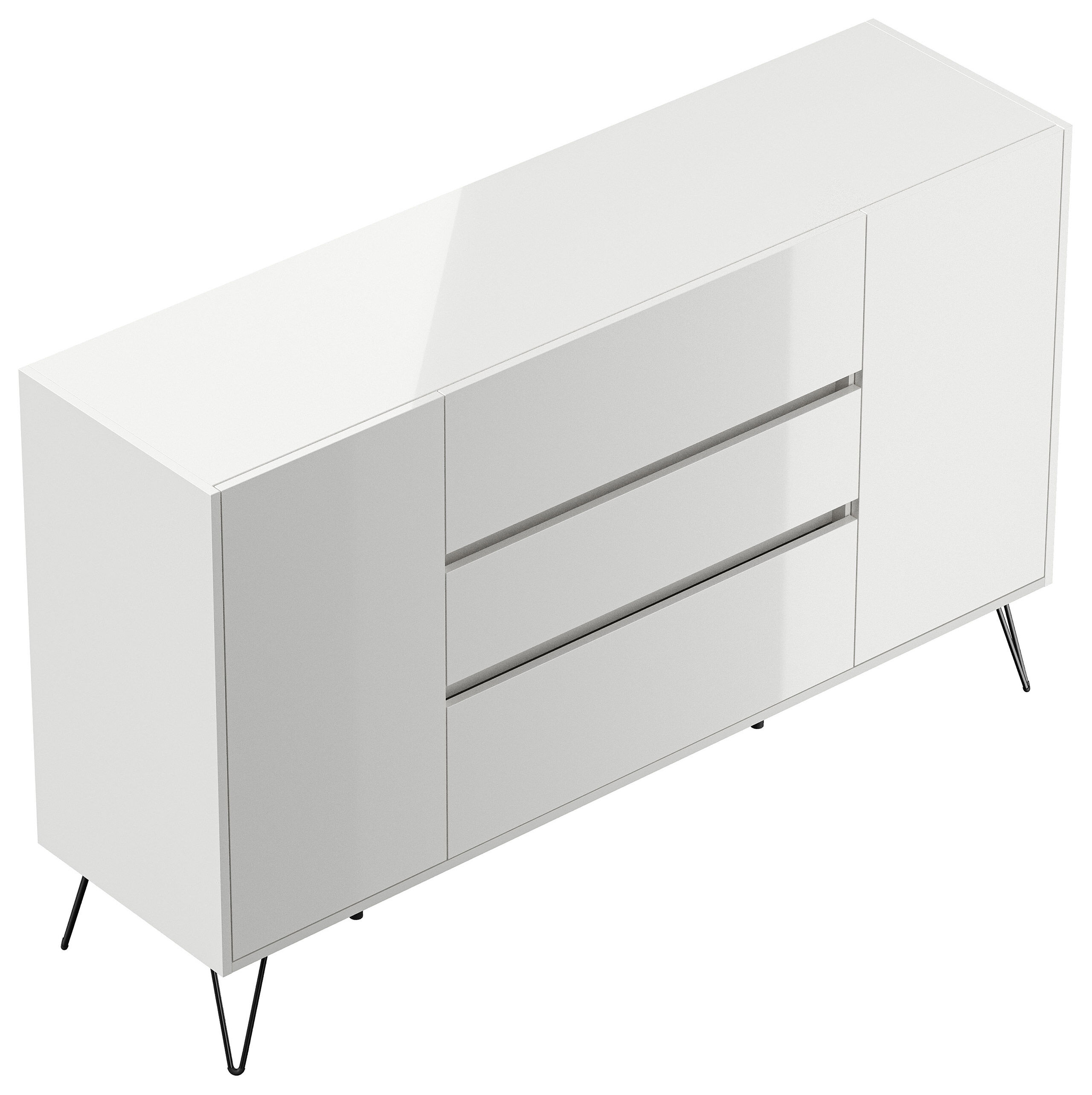 Sideboard Kommode Lovo 155cm Greifraum 3 SoftClose 2 Türen Weiß/Eiche Front