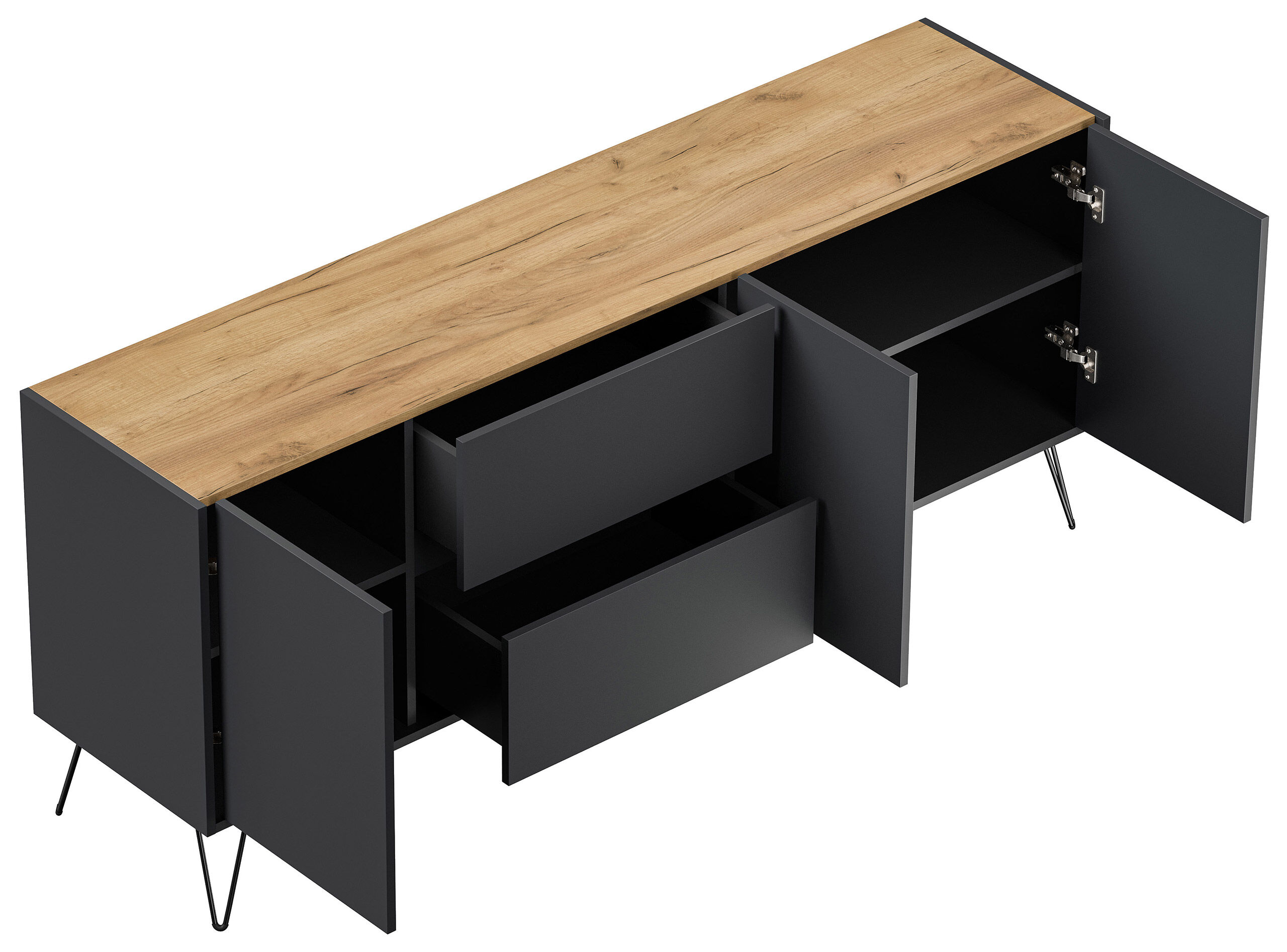 Raumwunder XL Sideboard Kommode Pharo 180cm 2 SoftClose 3 Türen Grafit/Eiche Top