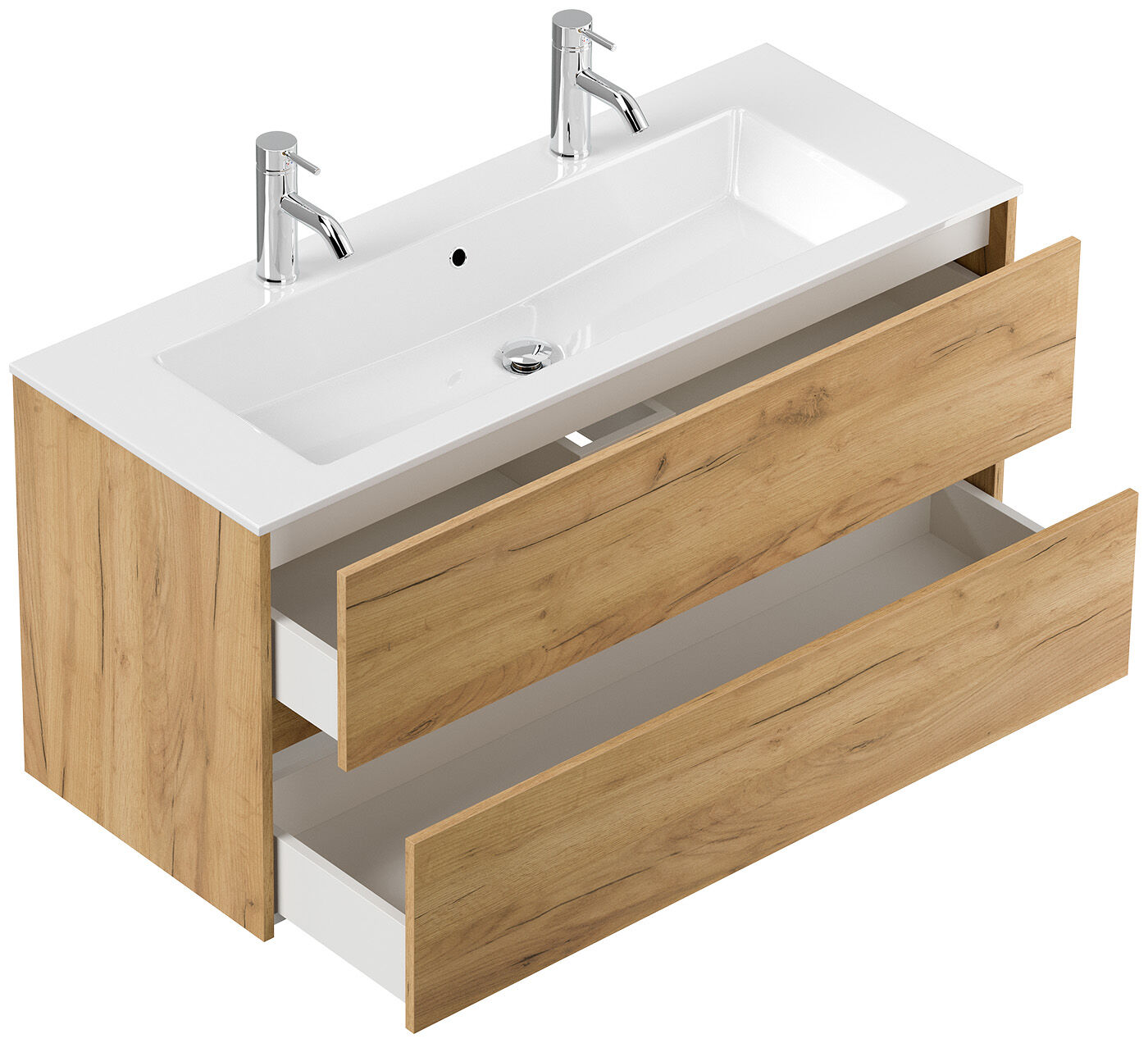 Doppel-Badmöbel Set Taifun 4tlg. 120cm LED Spiegel 3er Boxen & Hochschrank eiche