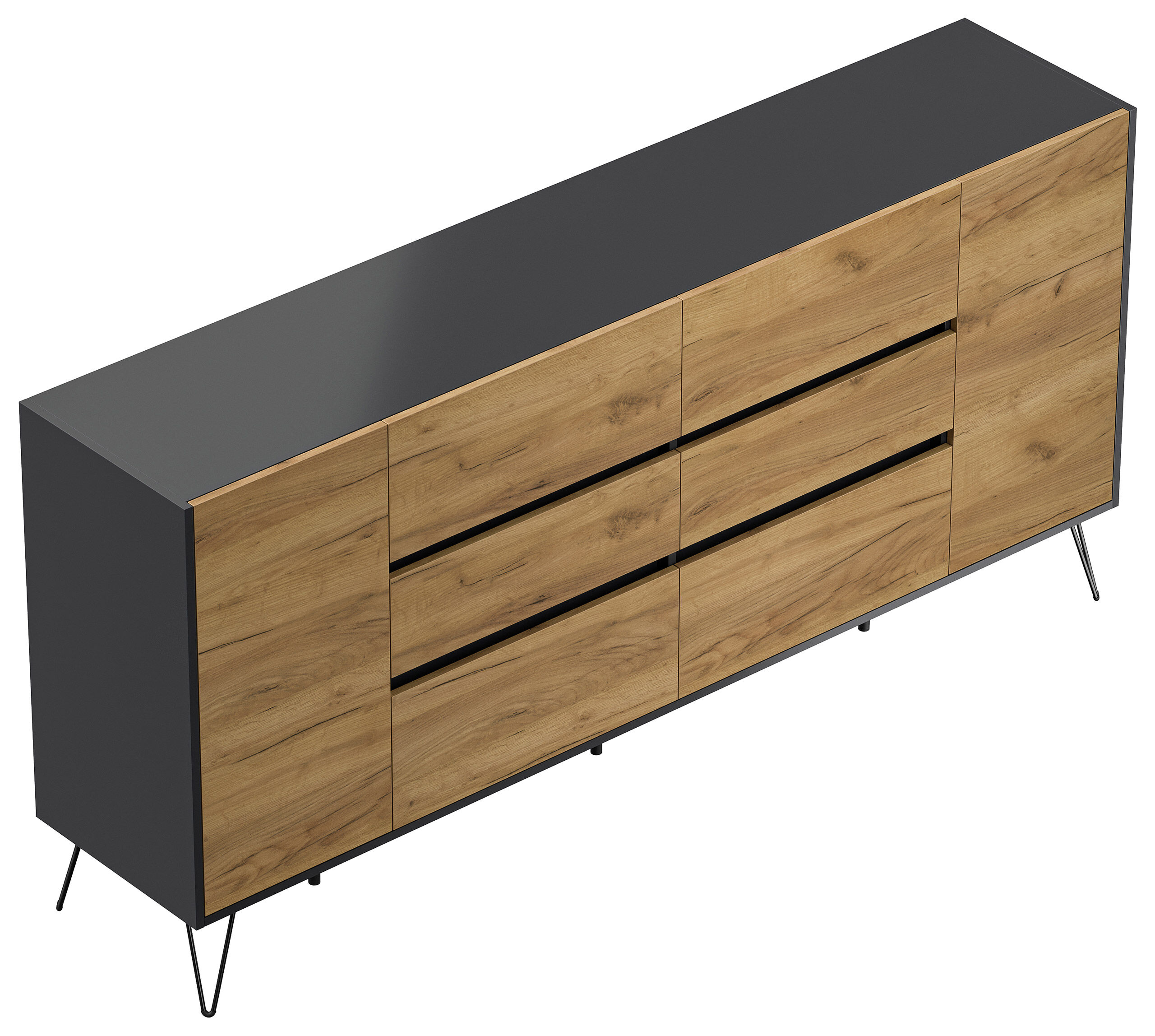 Sideboard Kommode Yako 200cm Greifraum 6 SoftClose 2 Türen Grafit/Eiche Front