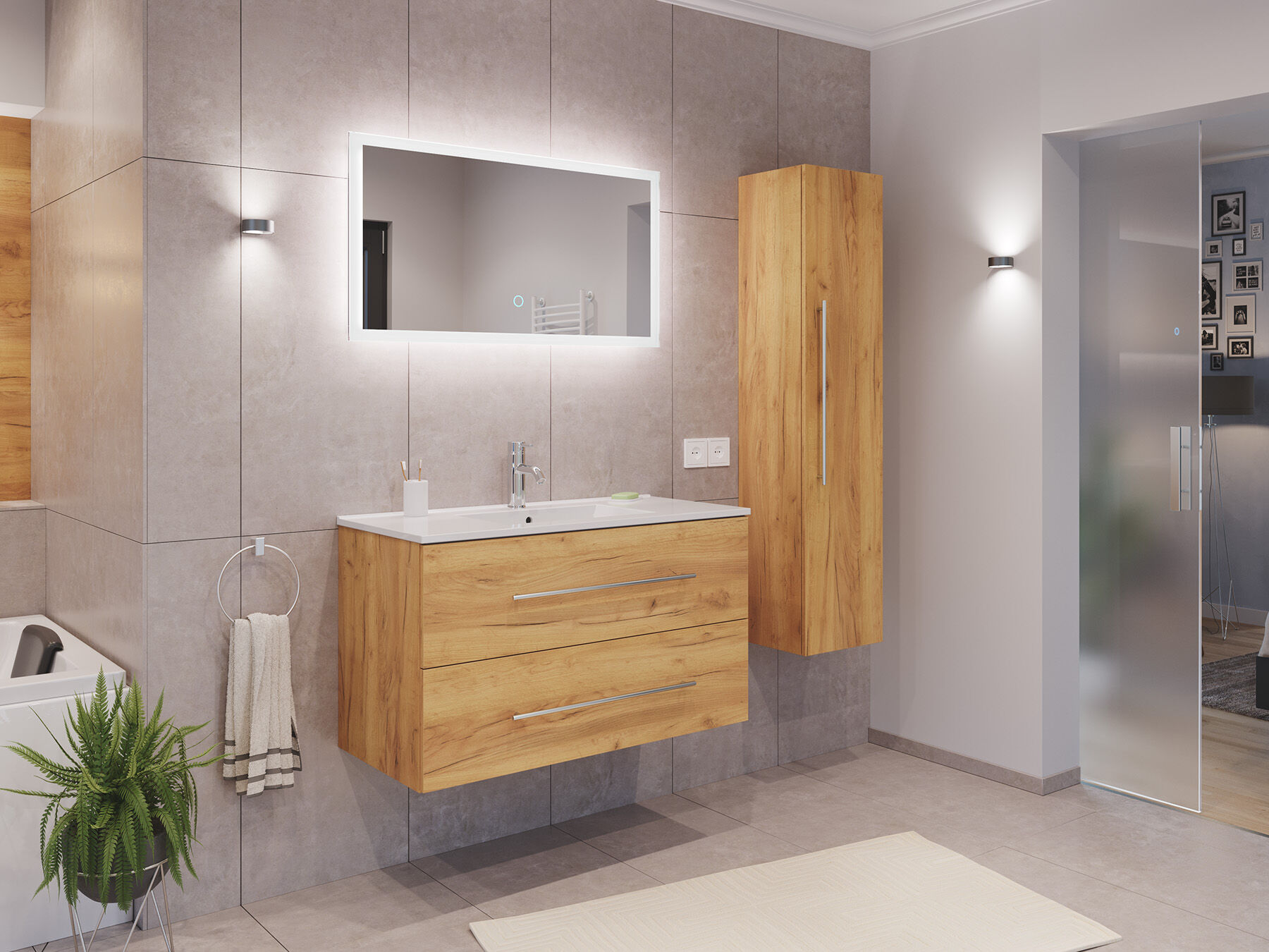 Badmöbel Set Firenze 100 3tlg. LED Spiegel und Hochschrank eiche gold