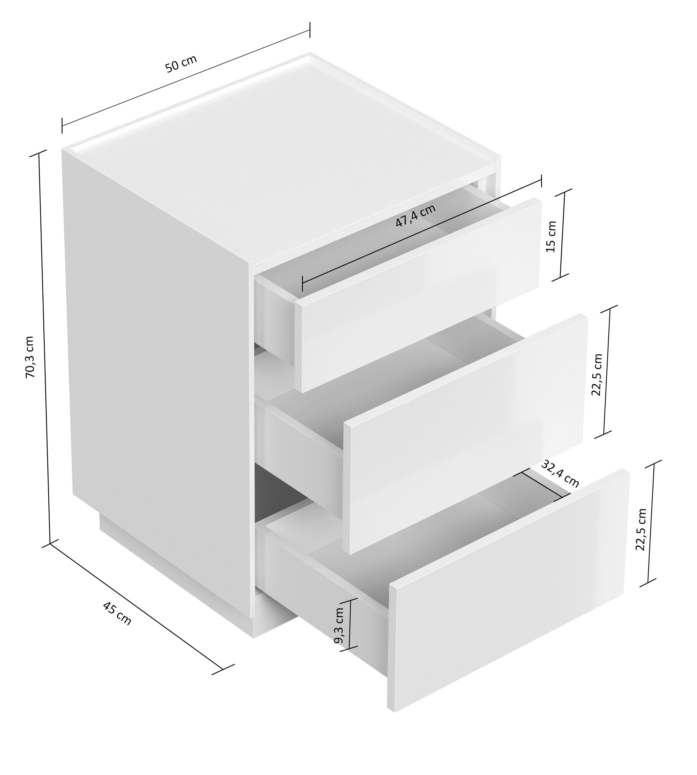 Nachttisch Kommode Lux M 50cm, 3 Pushauszüge lackiert Grafit für Boxspringbett