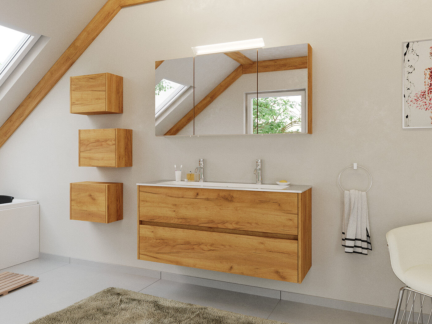 Doppel-Badmöbel Set Taifun 3tlg. 120 cm Spiegelschrank & 3er Boxen eiche gold