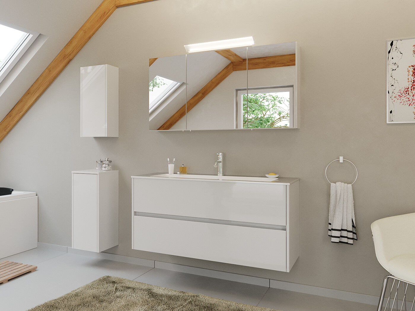 Badmöbel Set Taifun 4tlg. 120 cm mit Spiegelschrank & 2x Badschrank weiß Hgl | Weiss hochglanz
