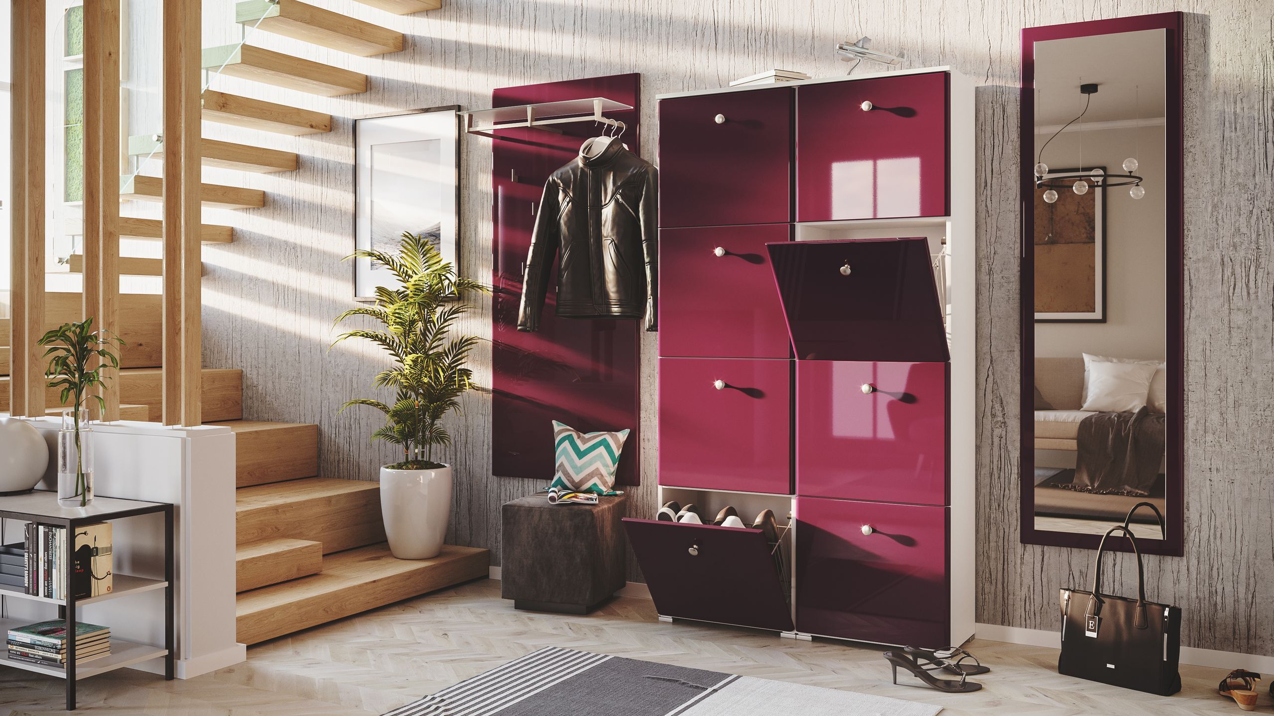 Garderobe Set 112 Alpine 3 tlg Schuhschrank 8 Klappen 32 Paar Weiss-Brombeer