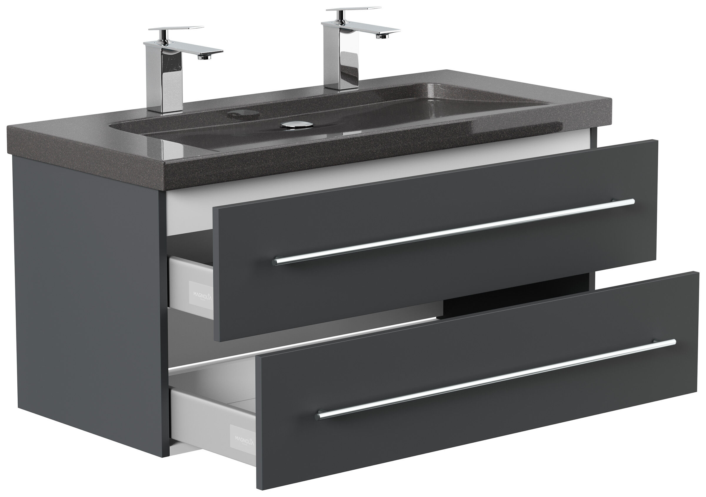 Badmöbel Granit India Black Damo 100 cm 2 Hahnlöcher SoftClose weiß hochglanz