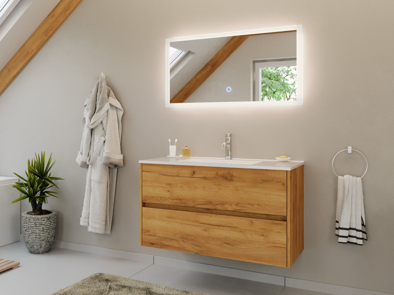 Badmöbel Set Taifun 2tlg. 100 cm mit LED Spiegel weiß Hgl