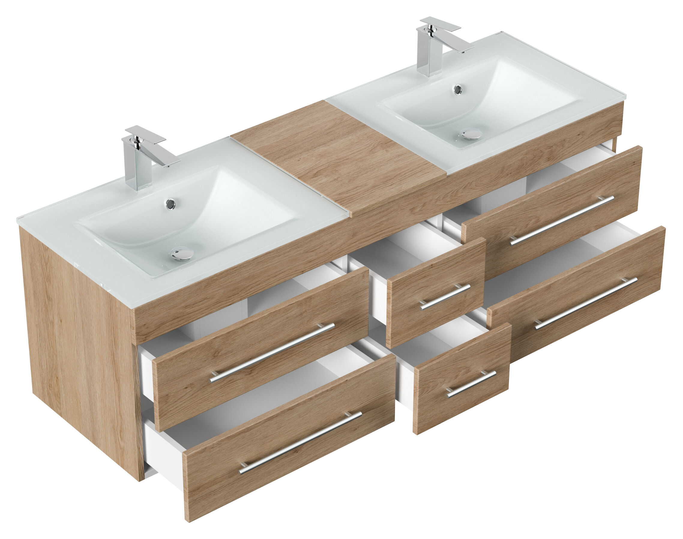 Badmöbel-Set Vitro XL 4-tlg. inkl. Glasbecken LED-Spiegel SoftClose eiche hell