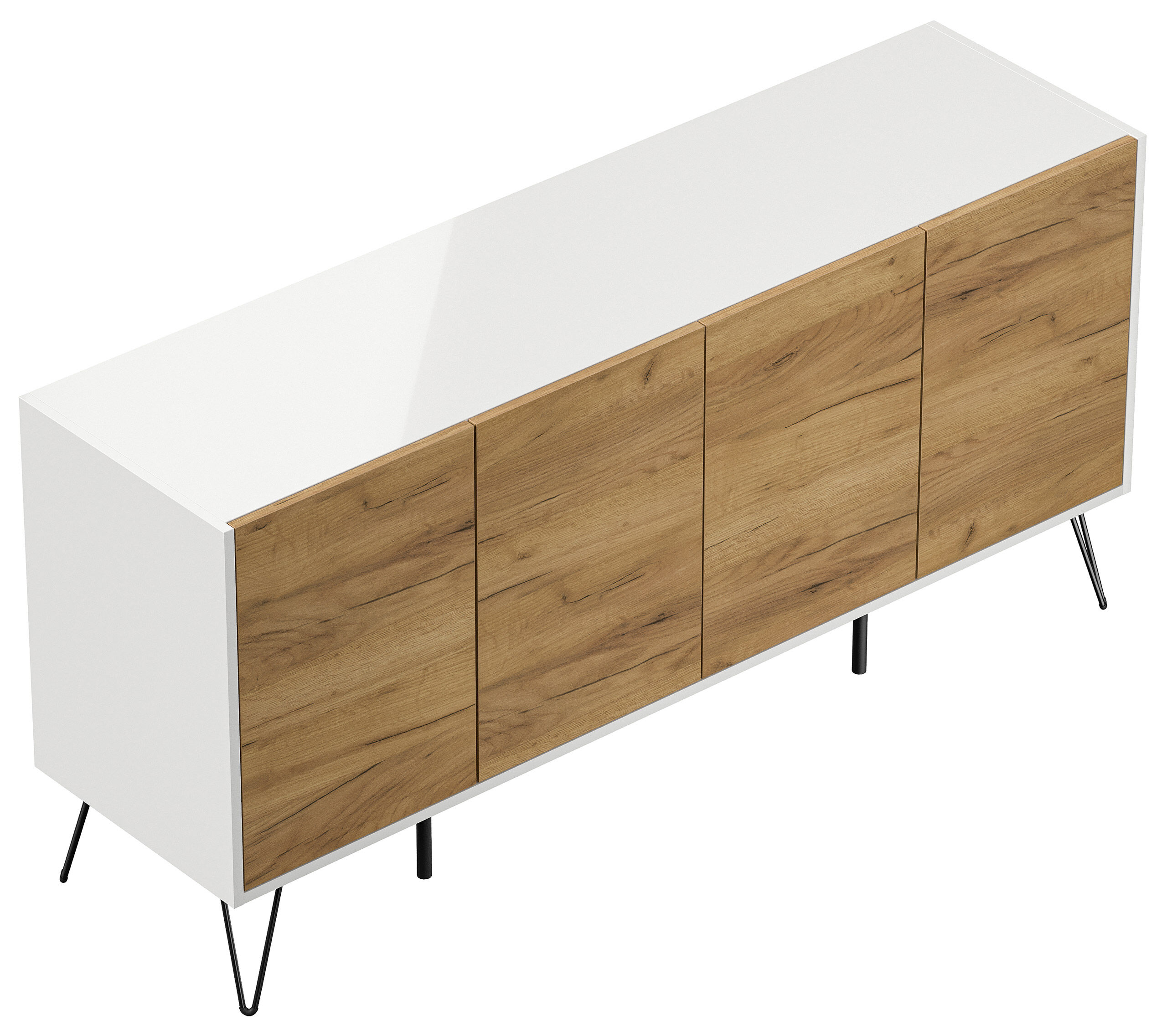 Raumwunder XL Sideboard Kommode Maxim 155cm stehend 4 Türen Weiß/Eiche Front