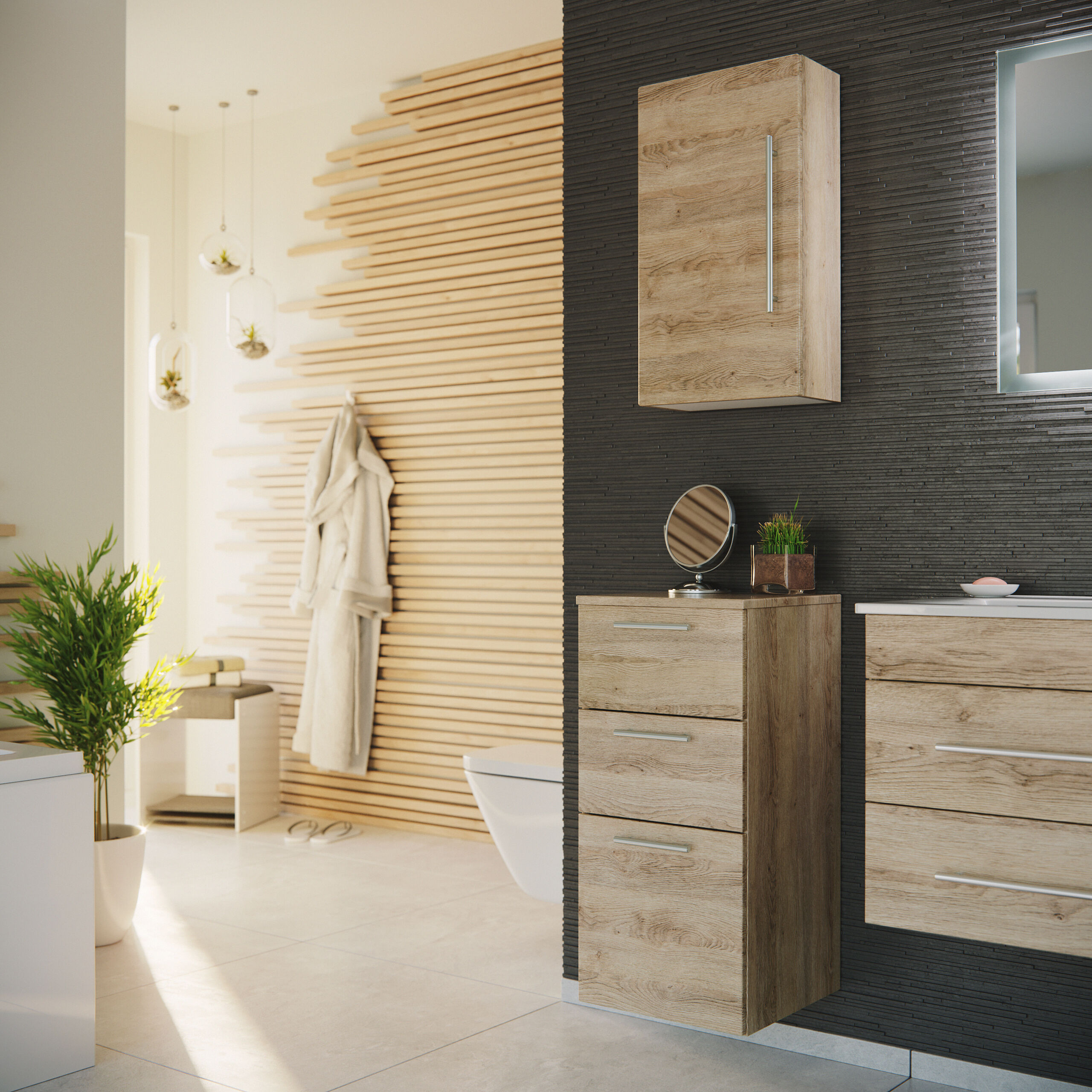 Badschrank-Set - Midischrank 75cm und Hängeschrank 62cm eiche hell