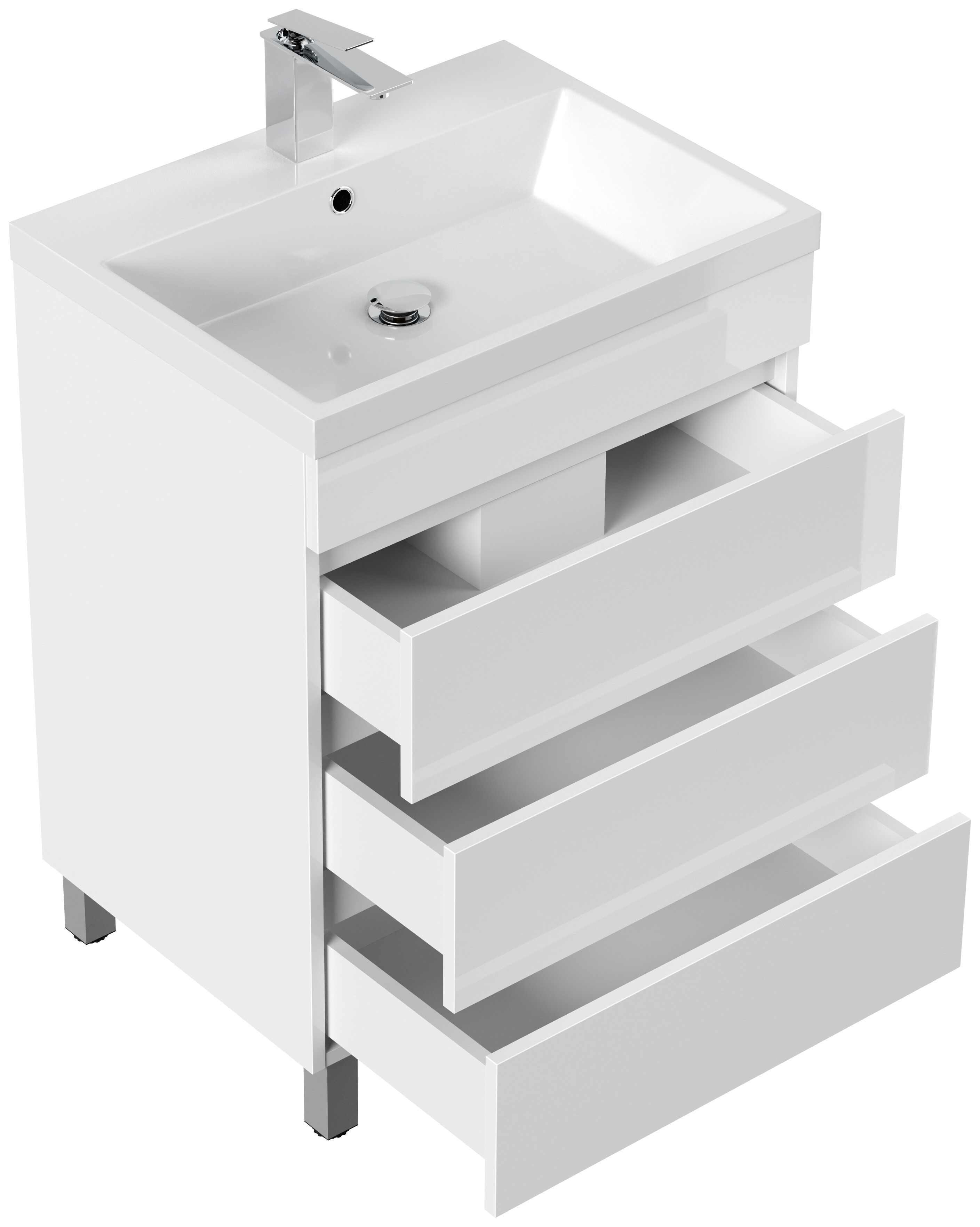 Stand Badmöbel Via 60 SoftClose weiss hochglanz mit drei grifflosen Schubladen