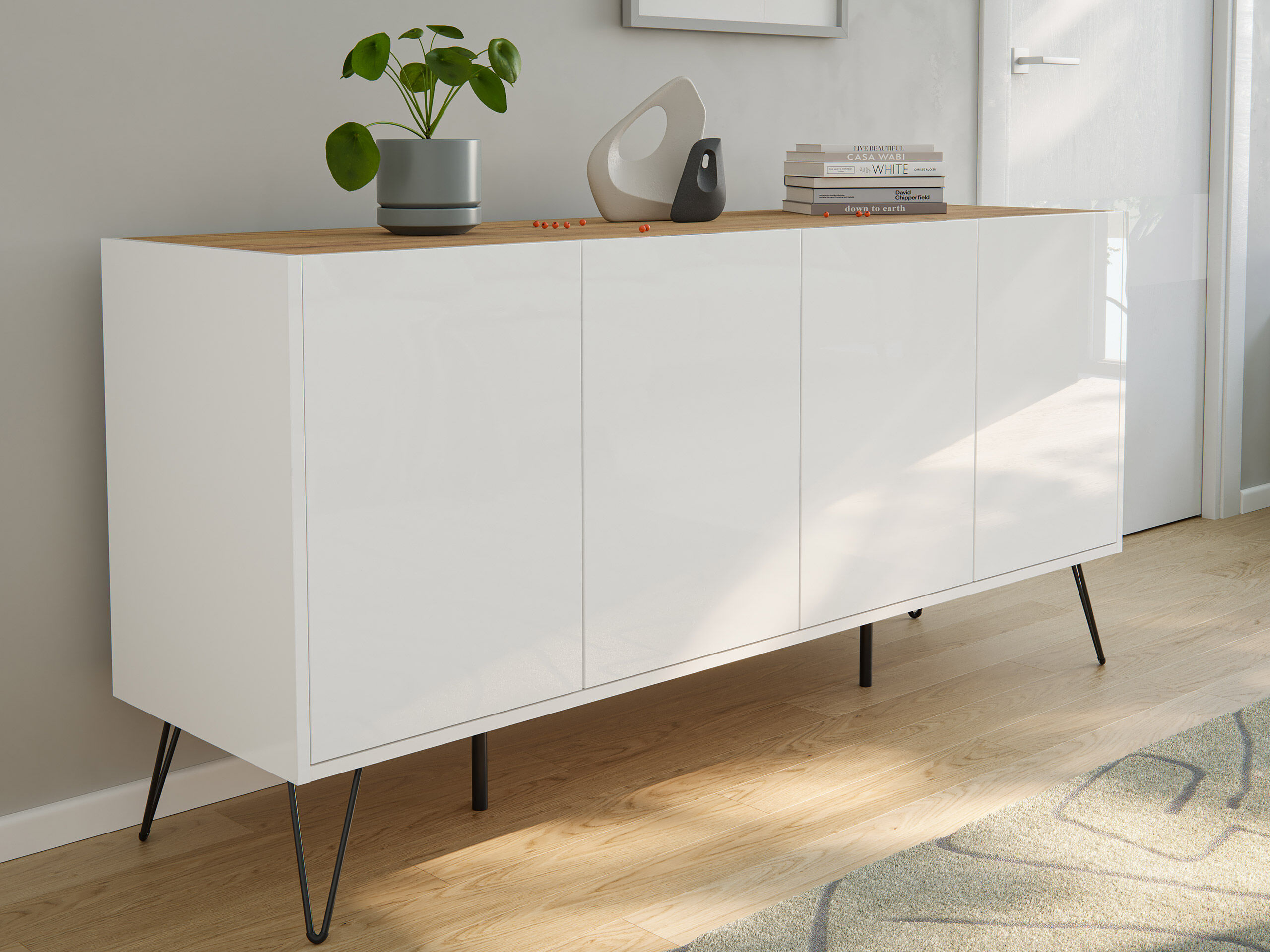 Raumwunder XL Sideboard Kommode Maxim 155cm stehend 4 Türen Weiß/Eiche Top