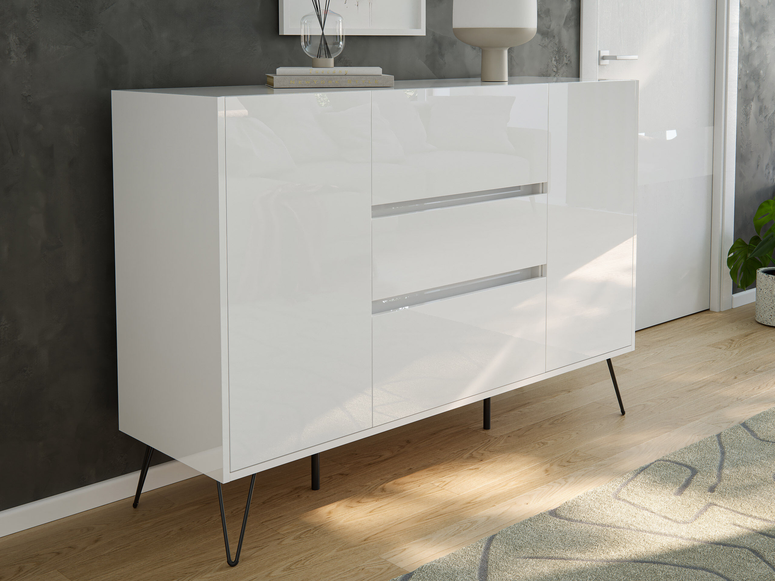 Sideboard Yako XL 140cm 3 SoftClose 2 Türen Weiß hochglanz