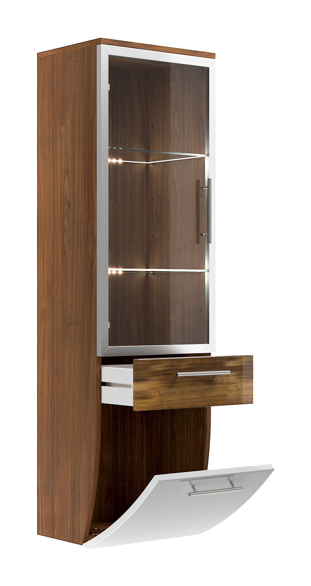 Hochschrank Salona 135 cm mit Glastür Weiss hochglanz/Walnuss hochglanz
