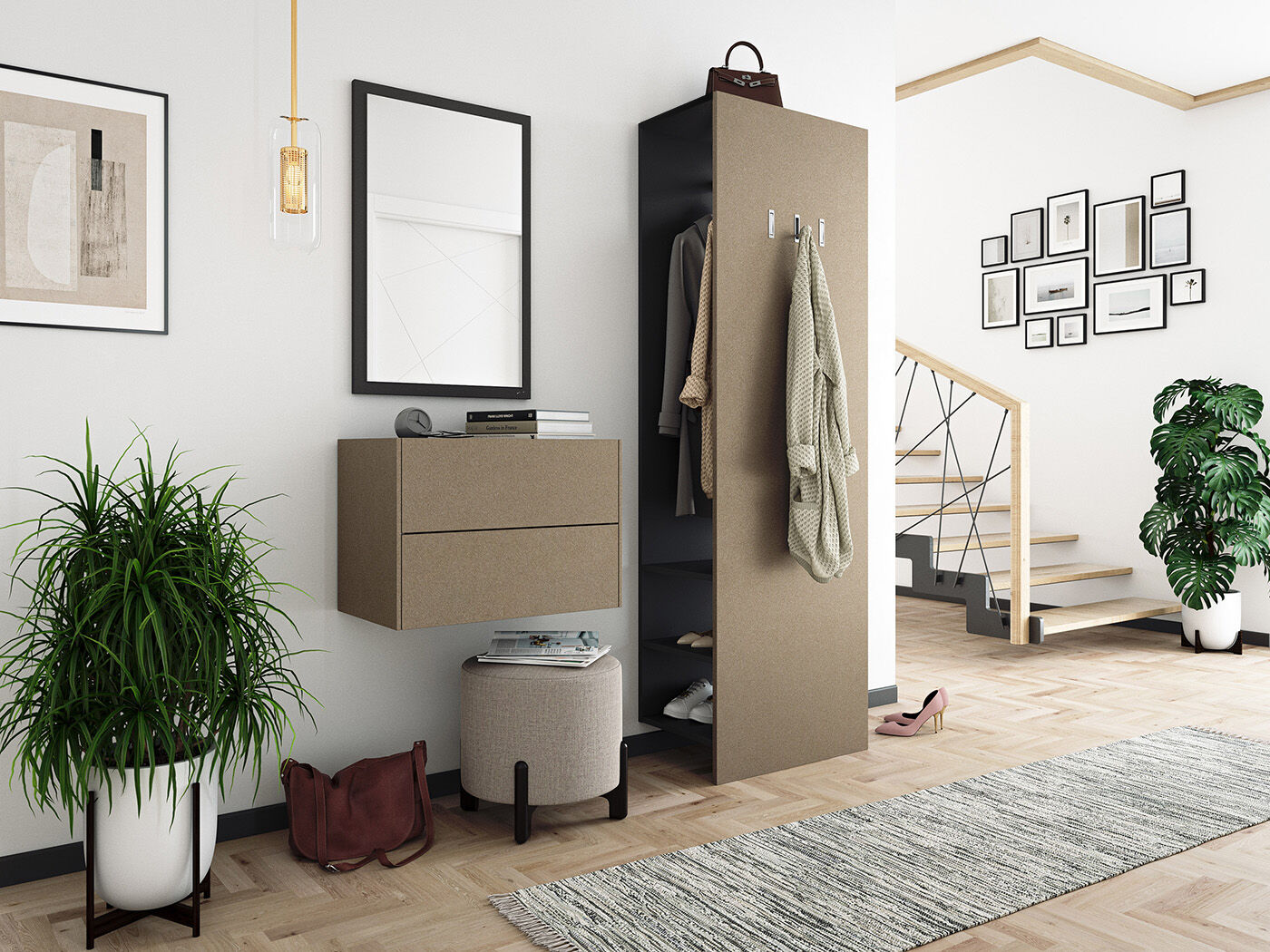 Garderobe Blu-S 3 tlg Konsole Push-to-open Spiegel Paneel 6 Paar Sand | Sand / Grafit