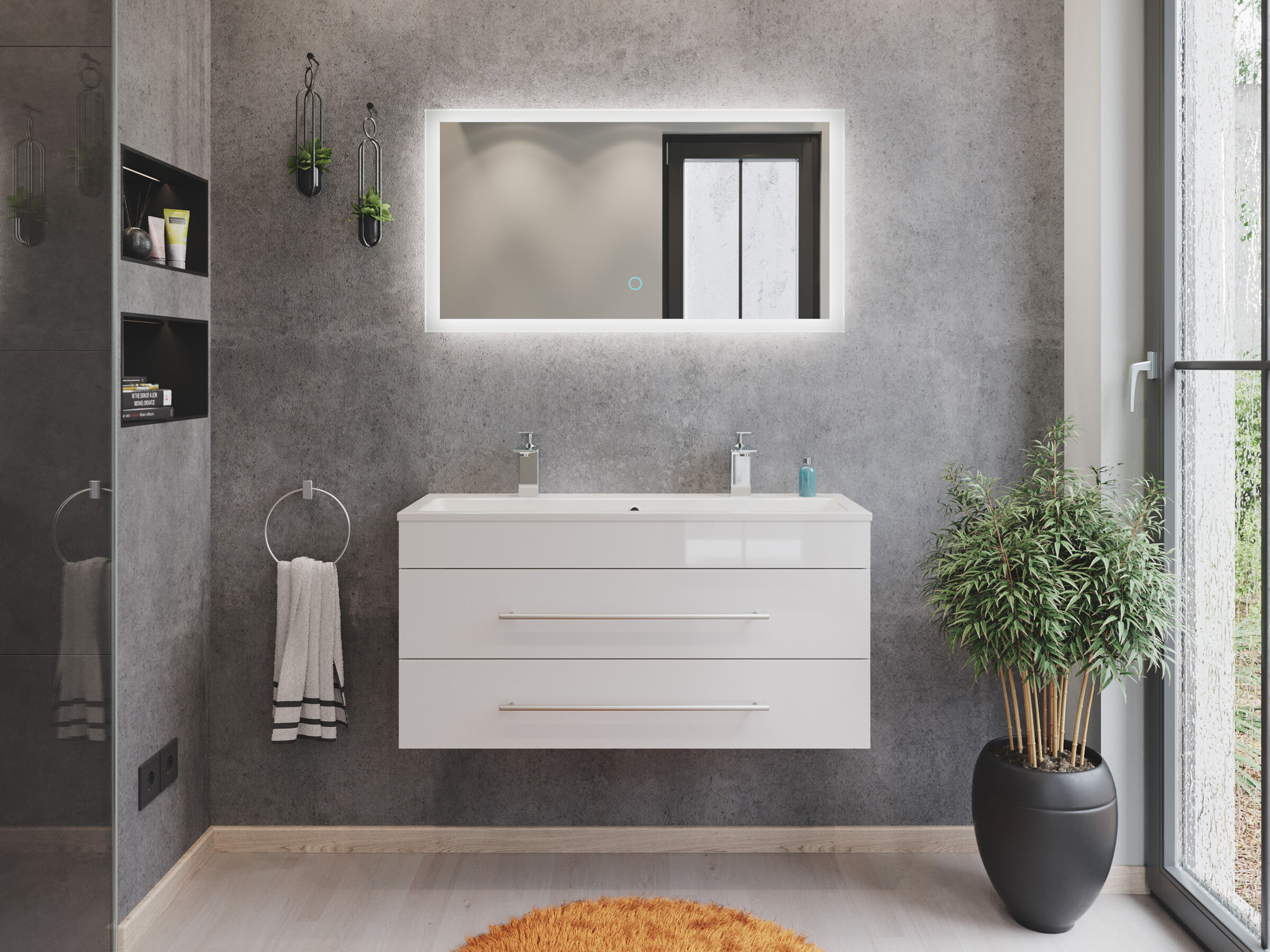 Badmöbel Mars 1000 2 Hahnlöcher 2-teilig mit LED Spiegel SlimLine grafit