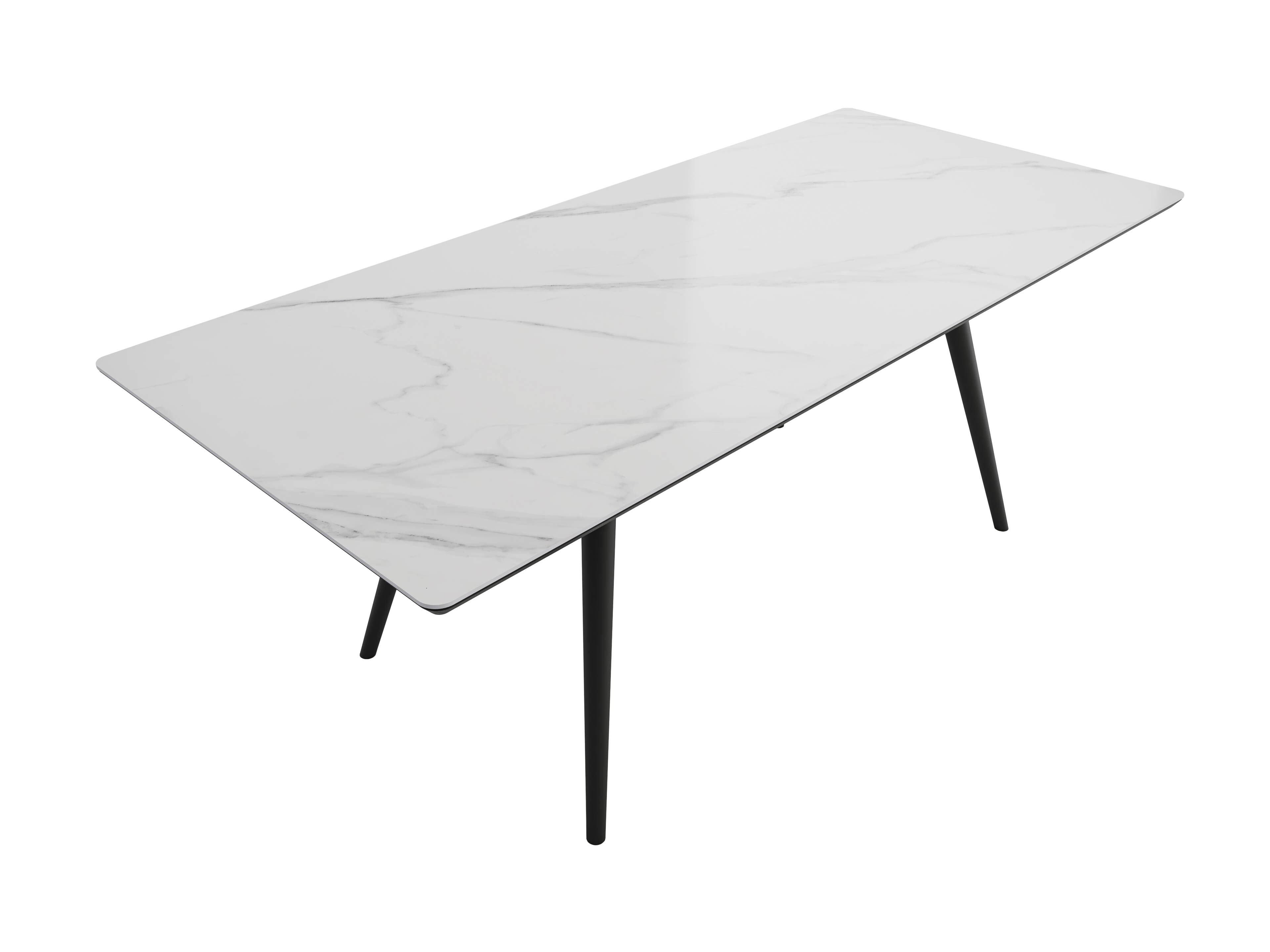 Esstisch 200x90cm weiße Keramikplatte schwarze konische Tischbeine