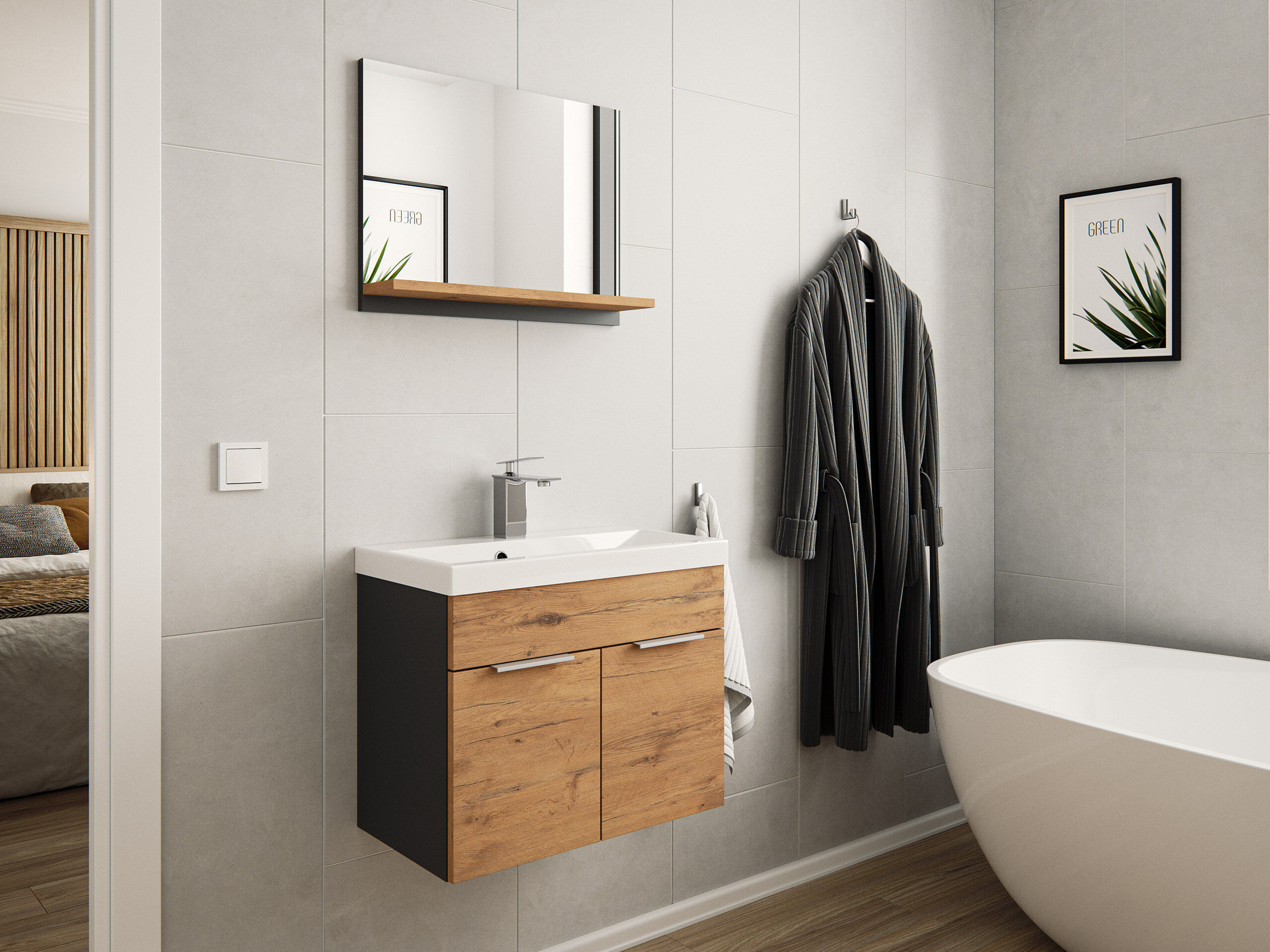 Badmöbel-Set Slimline Vega 2tlg mit Spiegel SoftClose weiss hochglanz/weiss matt