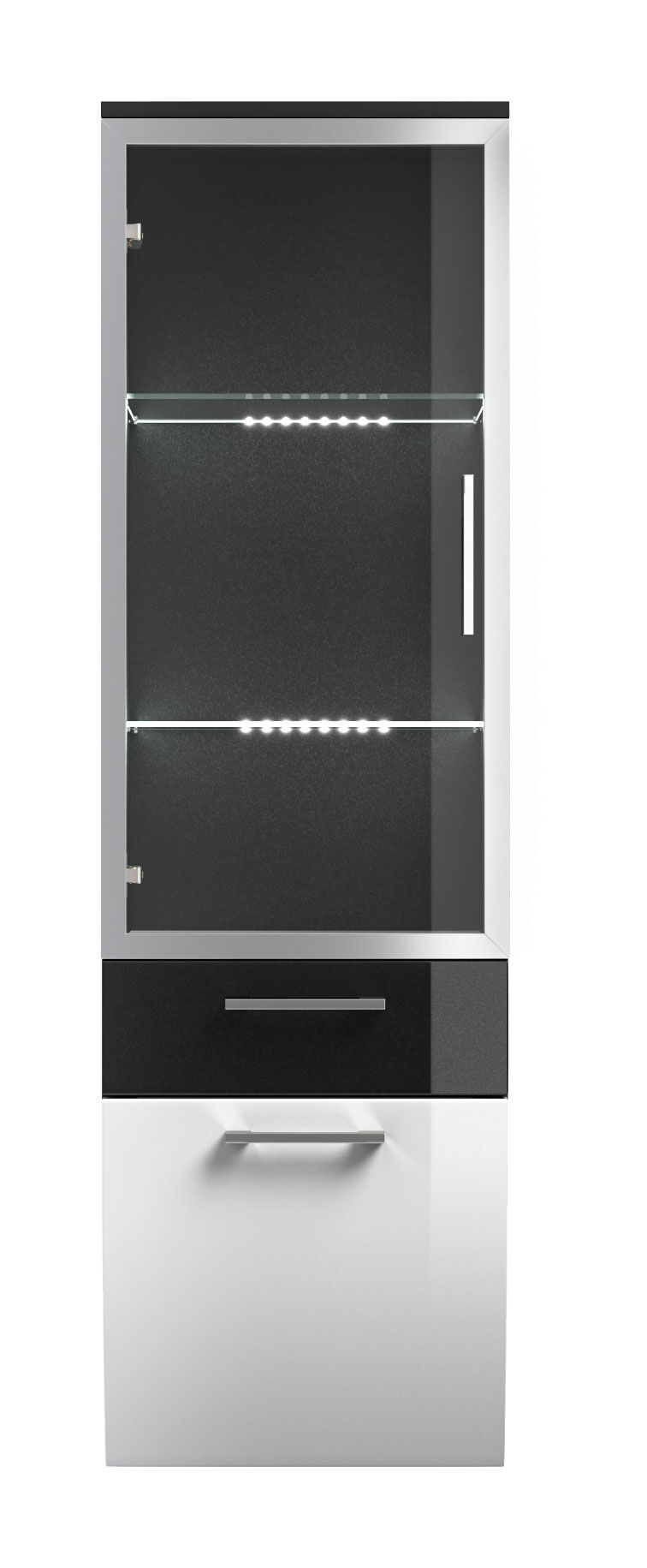 Hochschrank Rima 135 cm mit Glastür rund Weiss hochglanz/Grafit hochglanz