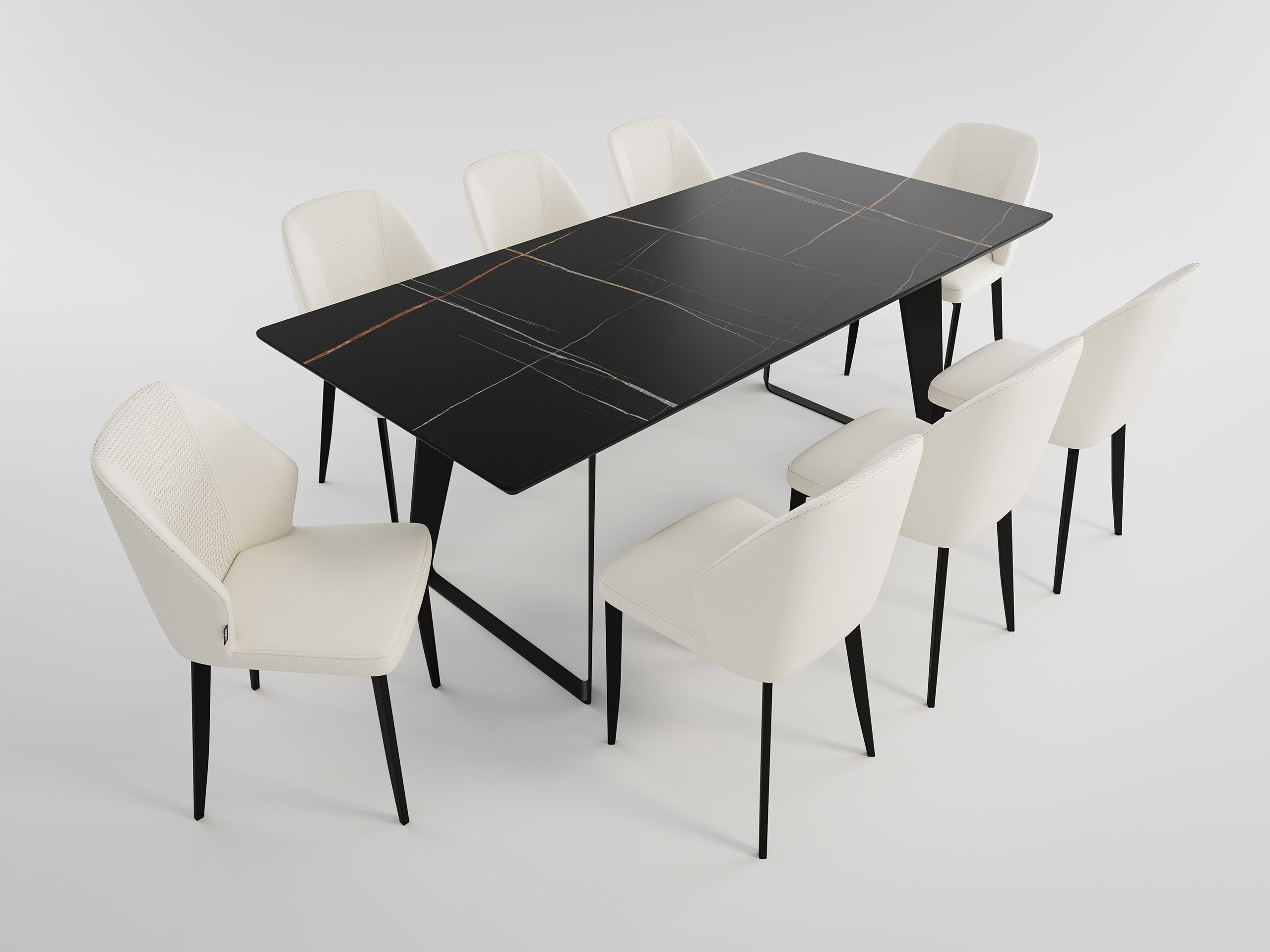 Esstisch Set FLORINT 200 schwarze Keramikplatte mit 8 Stühlen Kunstleder beige
