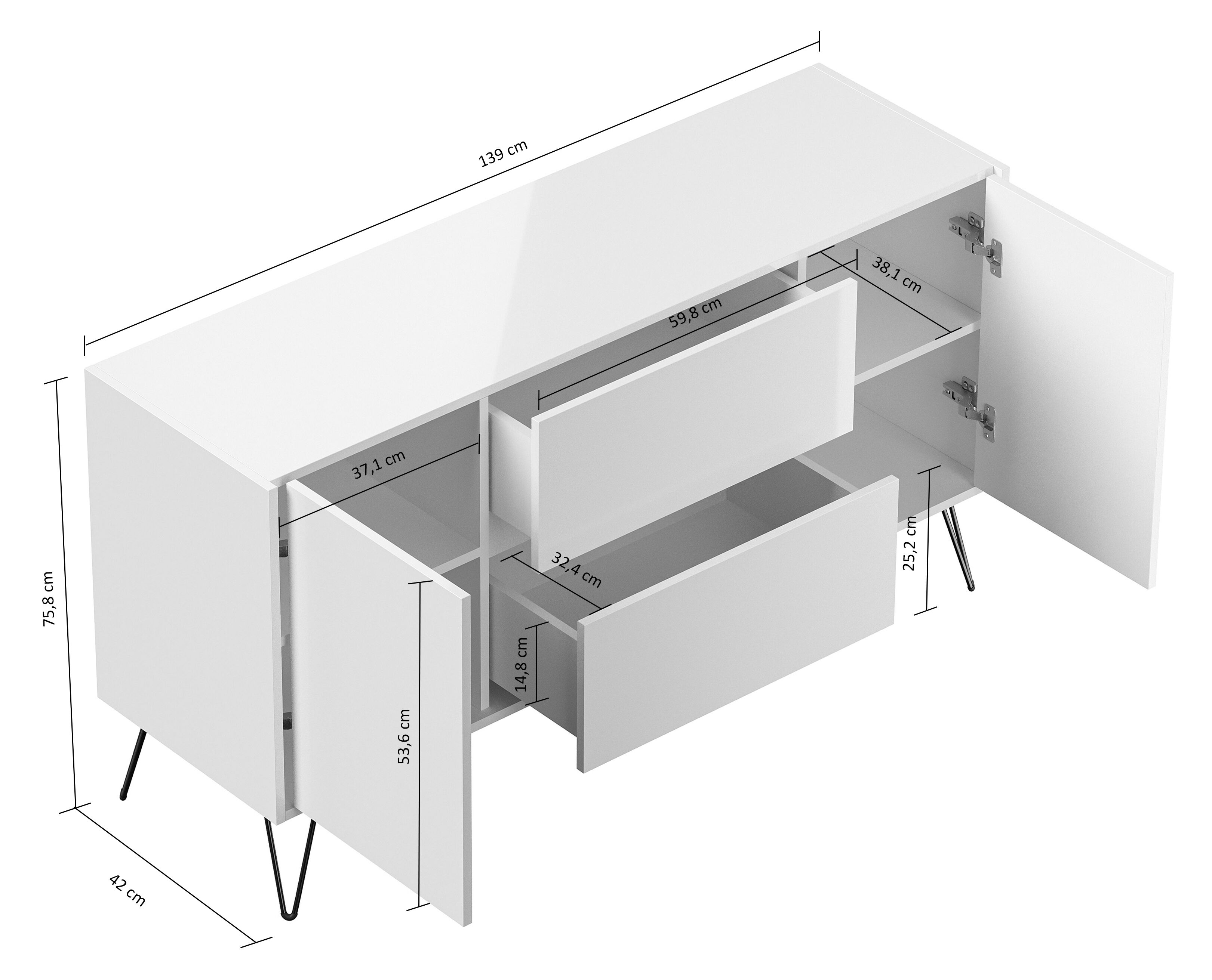 Raumwunder Sideboard Kommode Maya 140cm 2 Greif-SoftClose 2 Türen Weiß hochglanz