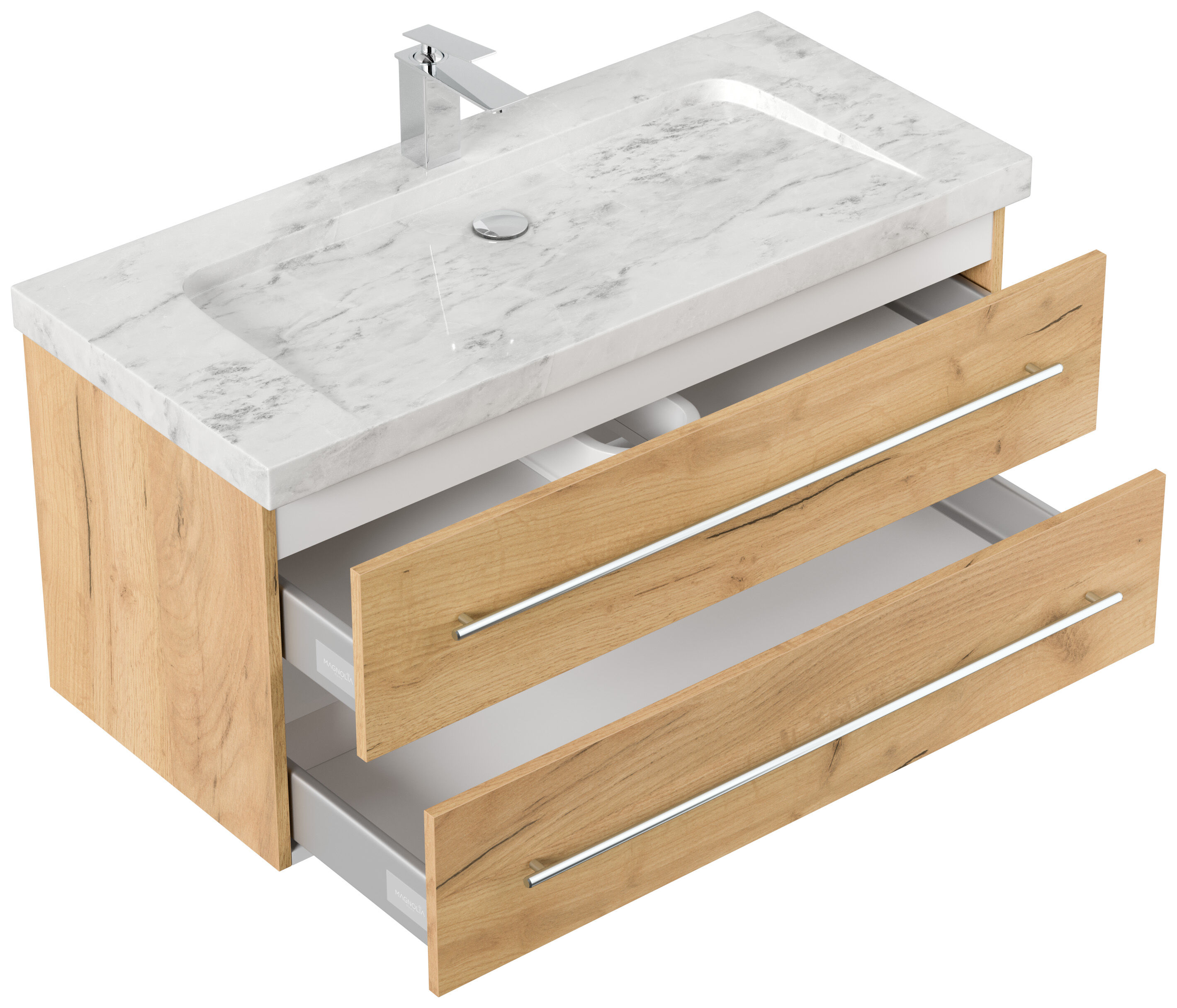 Badmöbel Marmor Carrara White Damo 100 cm 1 Hahnloch SoftClose eiche gold