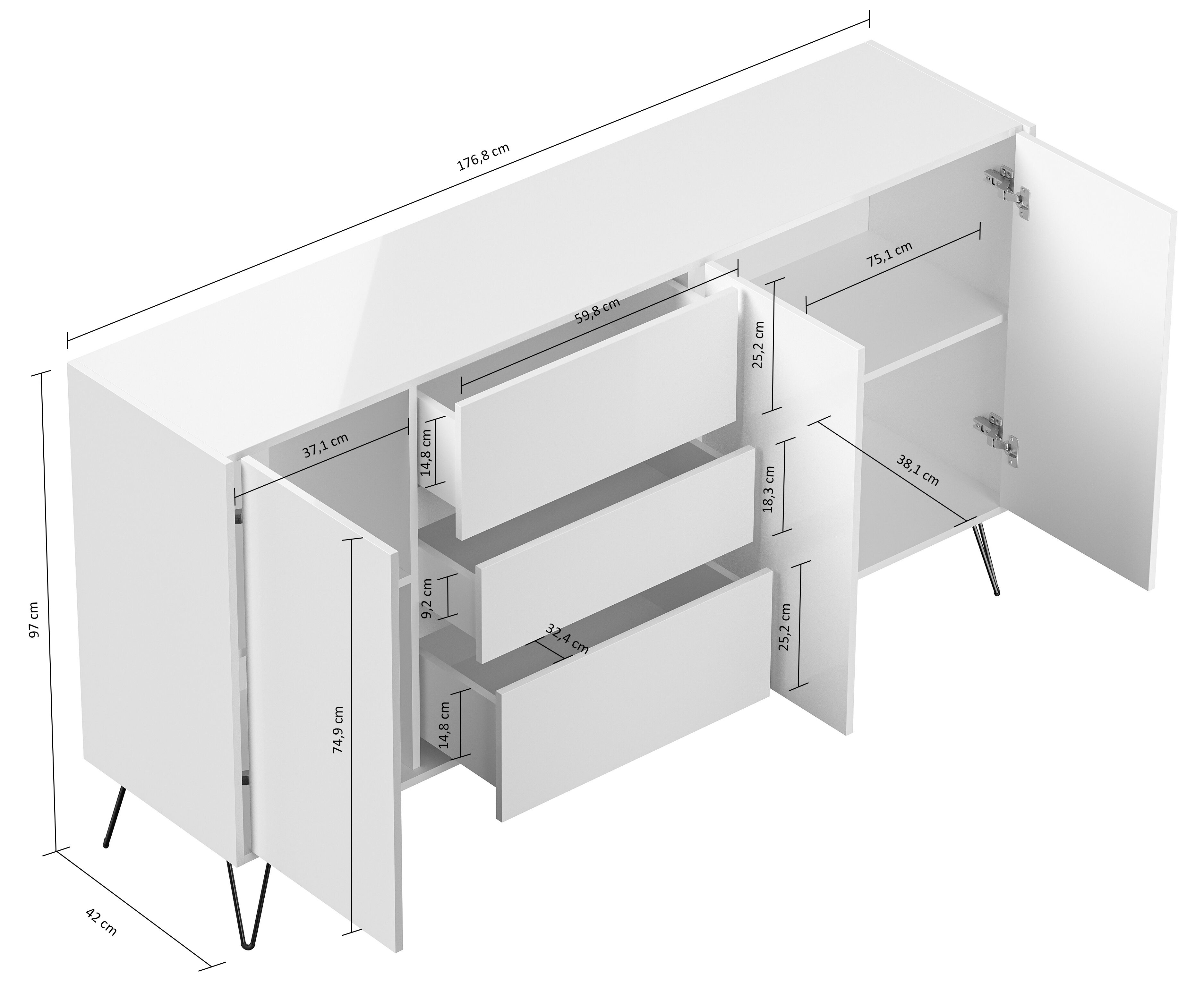 Sideboard Kommode Zuma 180cm Greifraum 3 SoftClose 3 Türen Grafit/Eiche Front