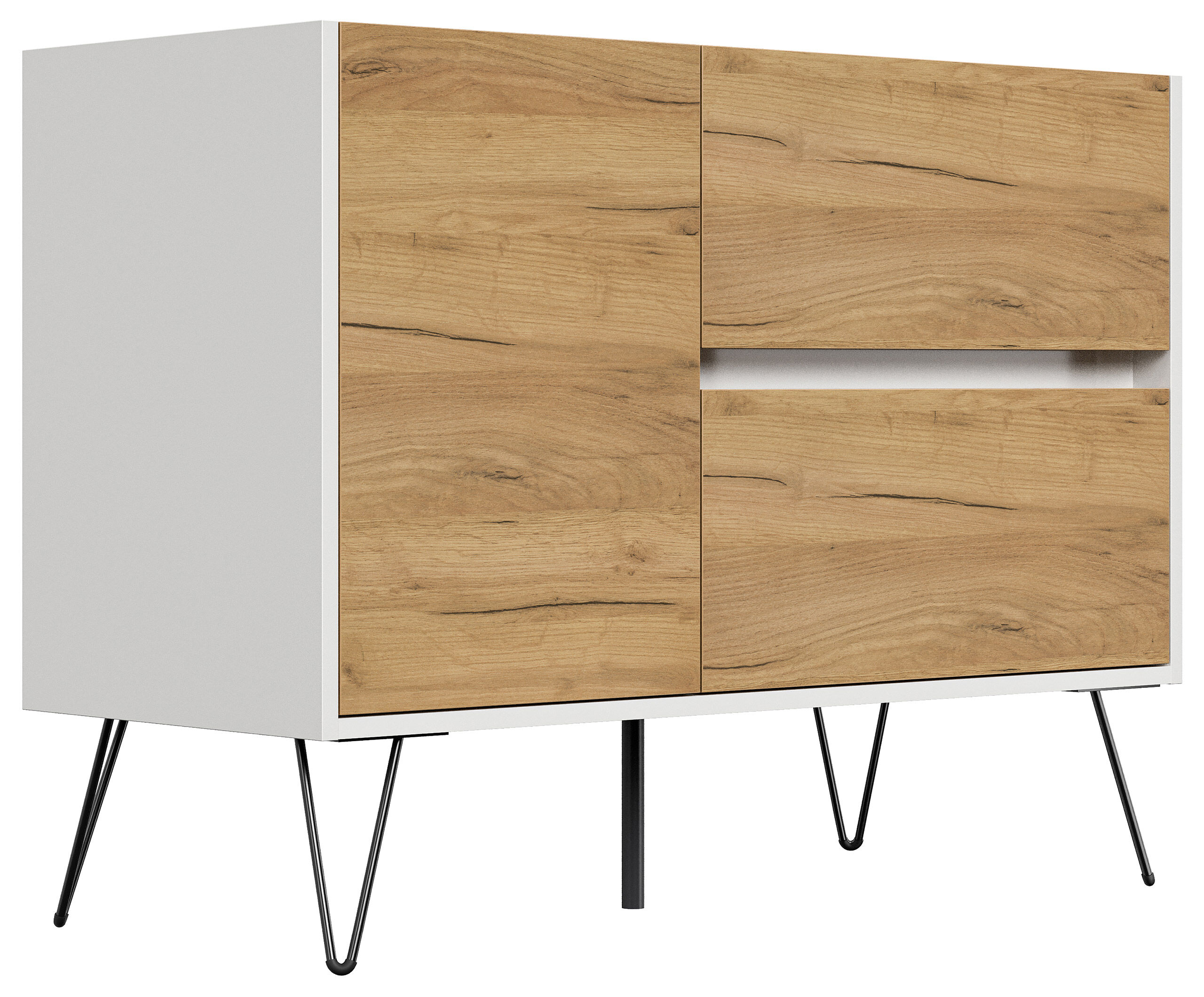 Raumwunder L Sideboard Kommode 100cm 2 SoftClose 1 Tür Weiß/Eiche Front