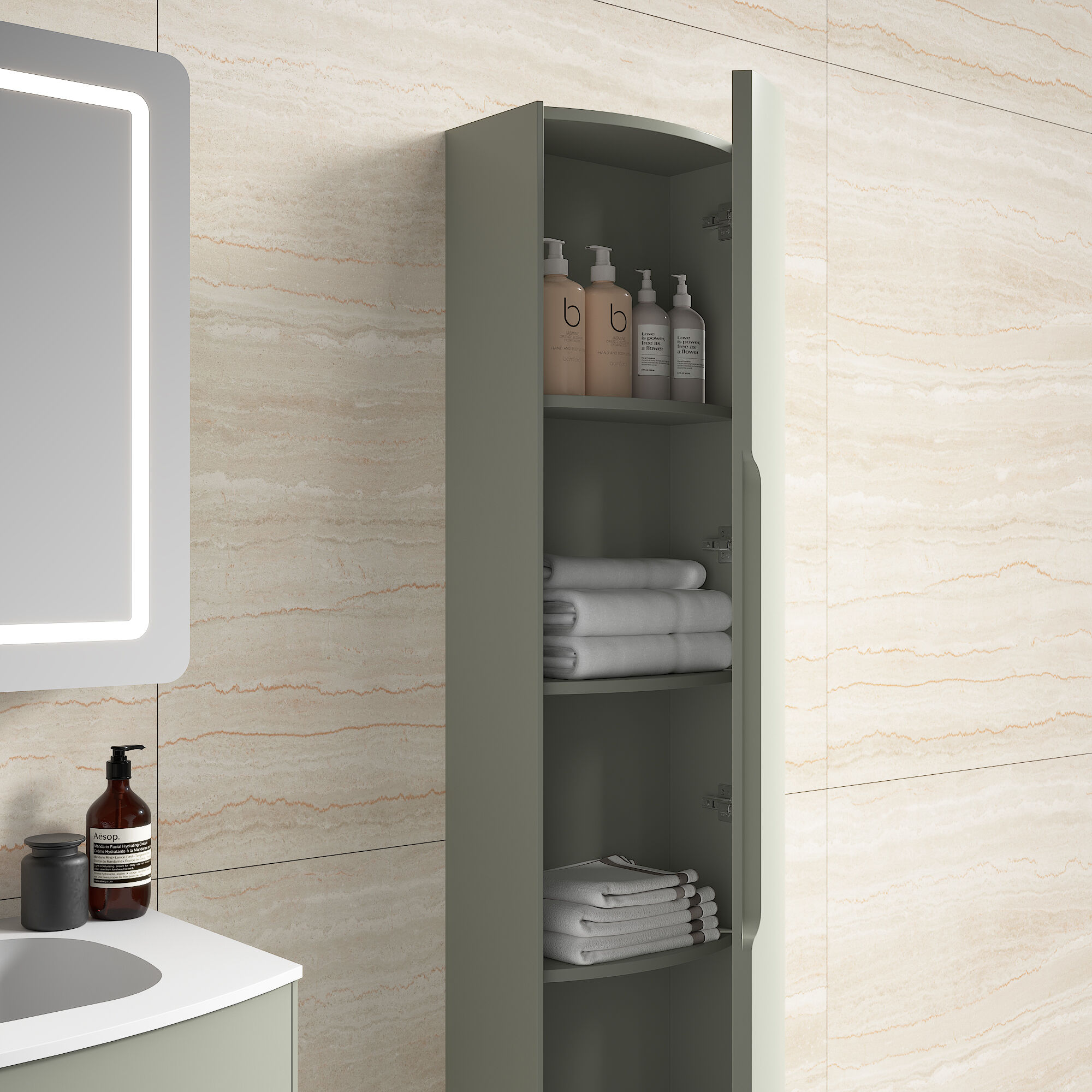 Badmöbel Set Riva 3tlg. 80 cm mit Spiegelschrank montiert grün matt
