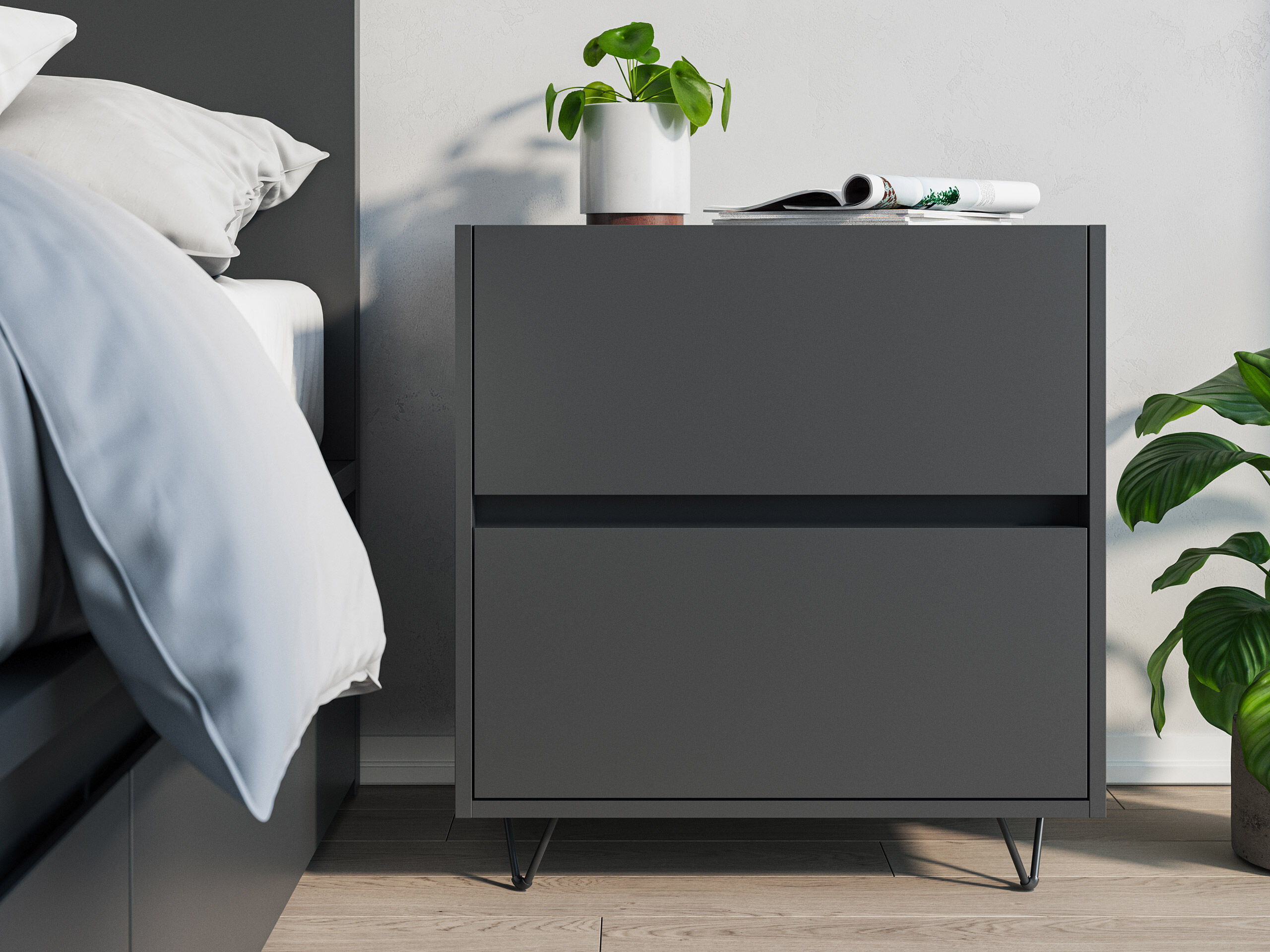 Nachttisch Yako 60cm 2 SoftClose stehend Weiß & Eiche Top