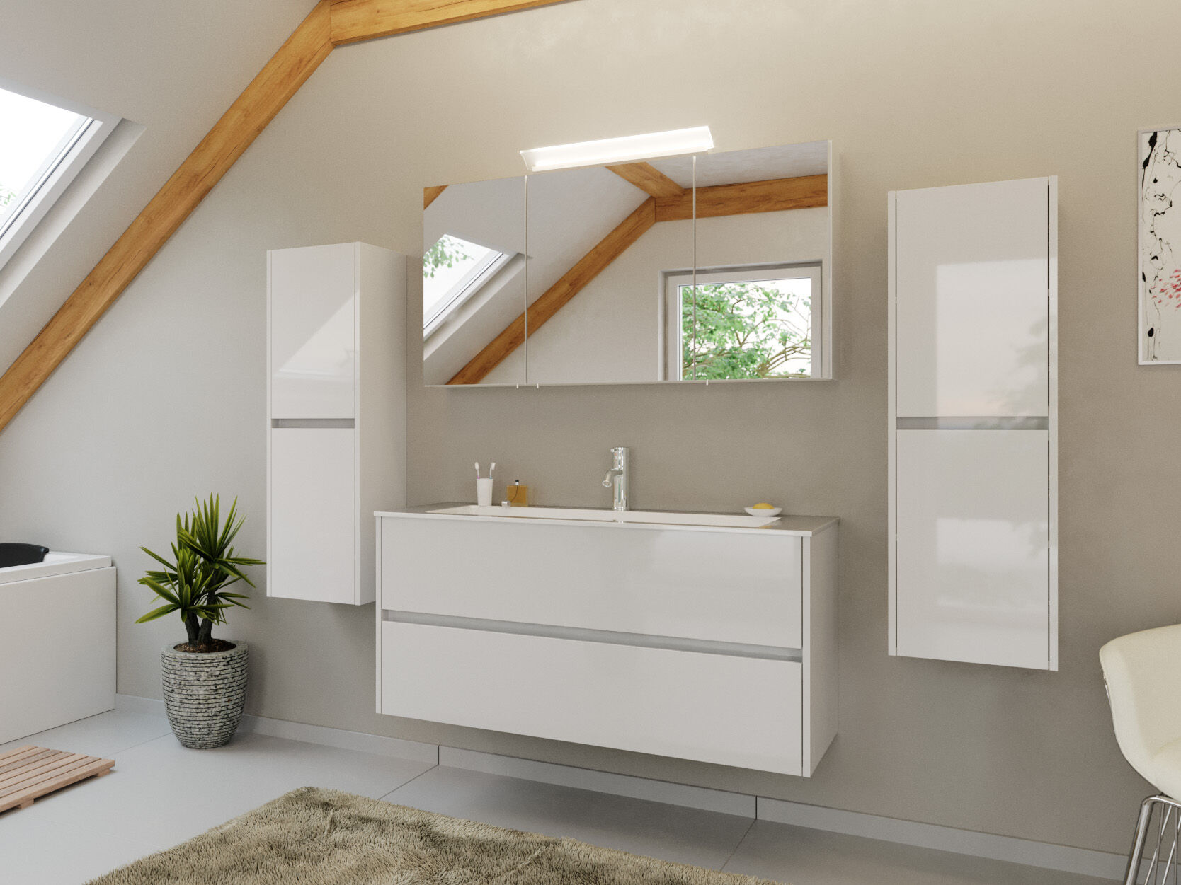 Badmöbel Set Taifun 4tlg. 120 cm mit Spiegelschrank & 2x Seitenschrank weiß Hgl