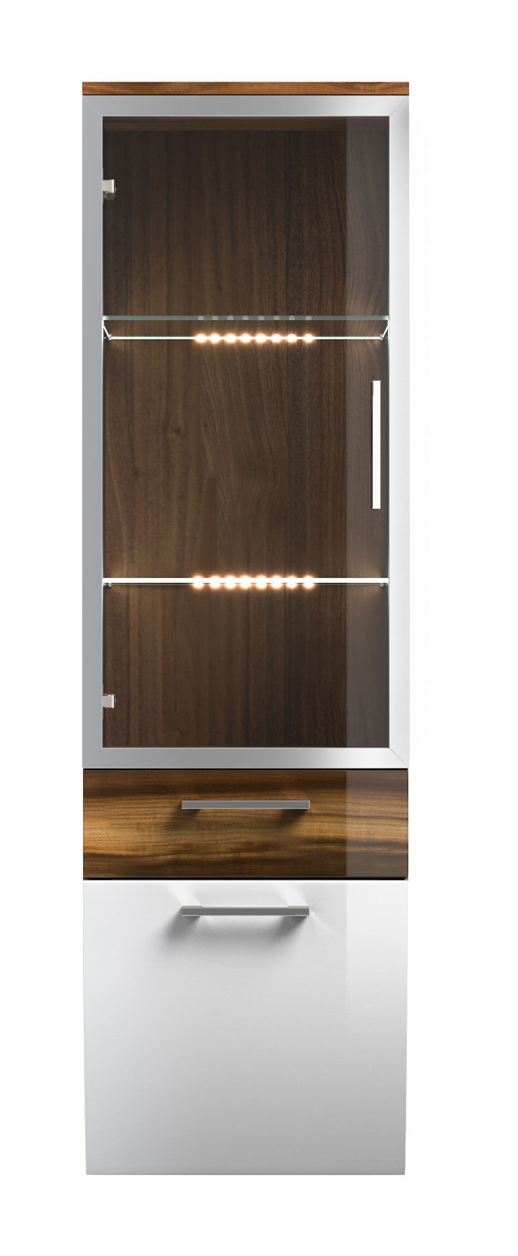 Hochschrank Rima 135 cm mit Glastür rund Weiss hochglanz/Walnuss hochglanz