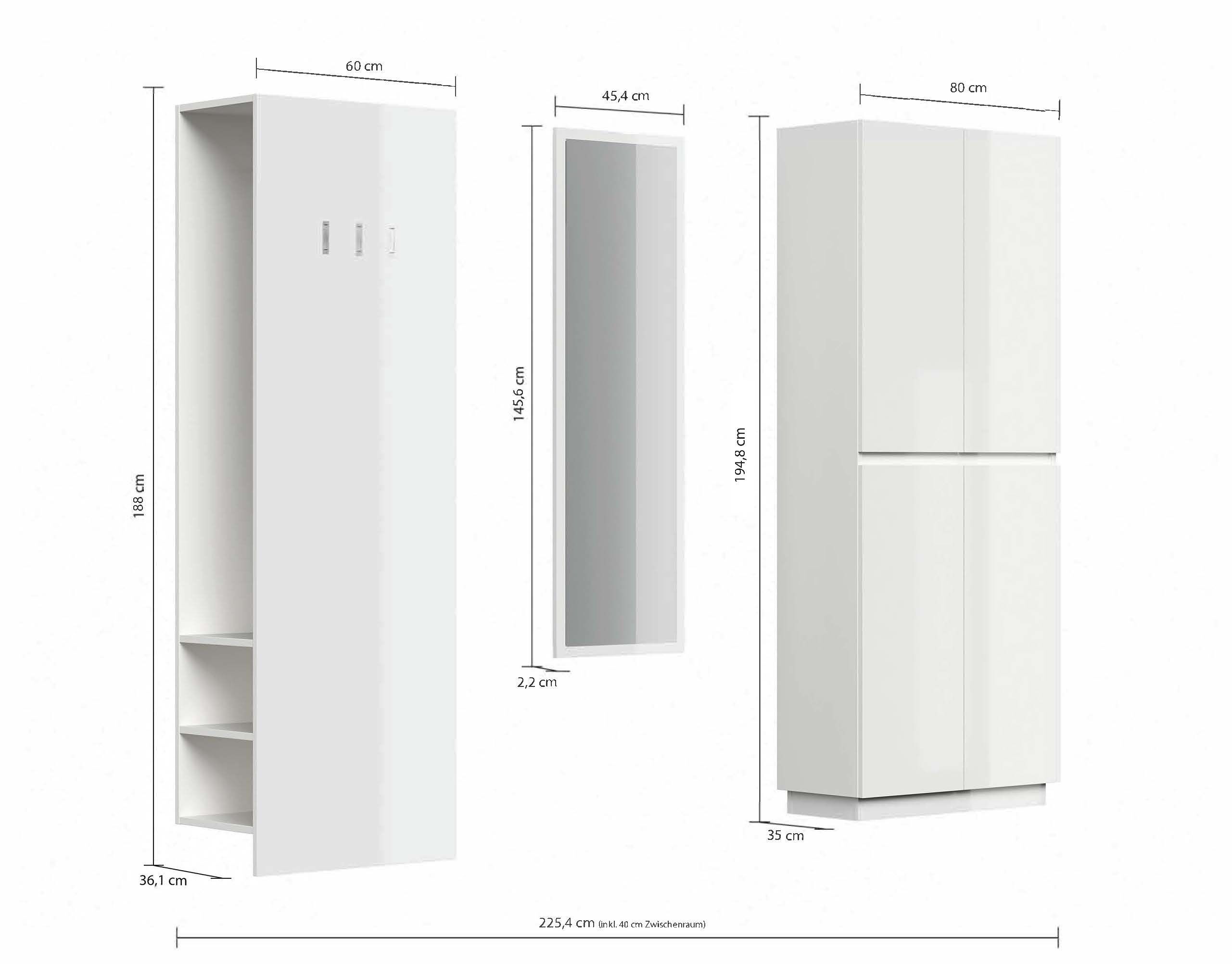 Garderobe Set Atrio 3tlg 42 Paar Schuhschrank Spiegel lackiert Weiß Hgl