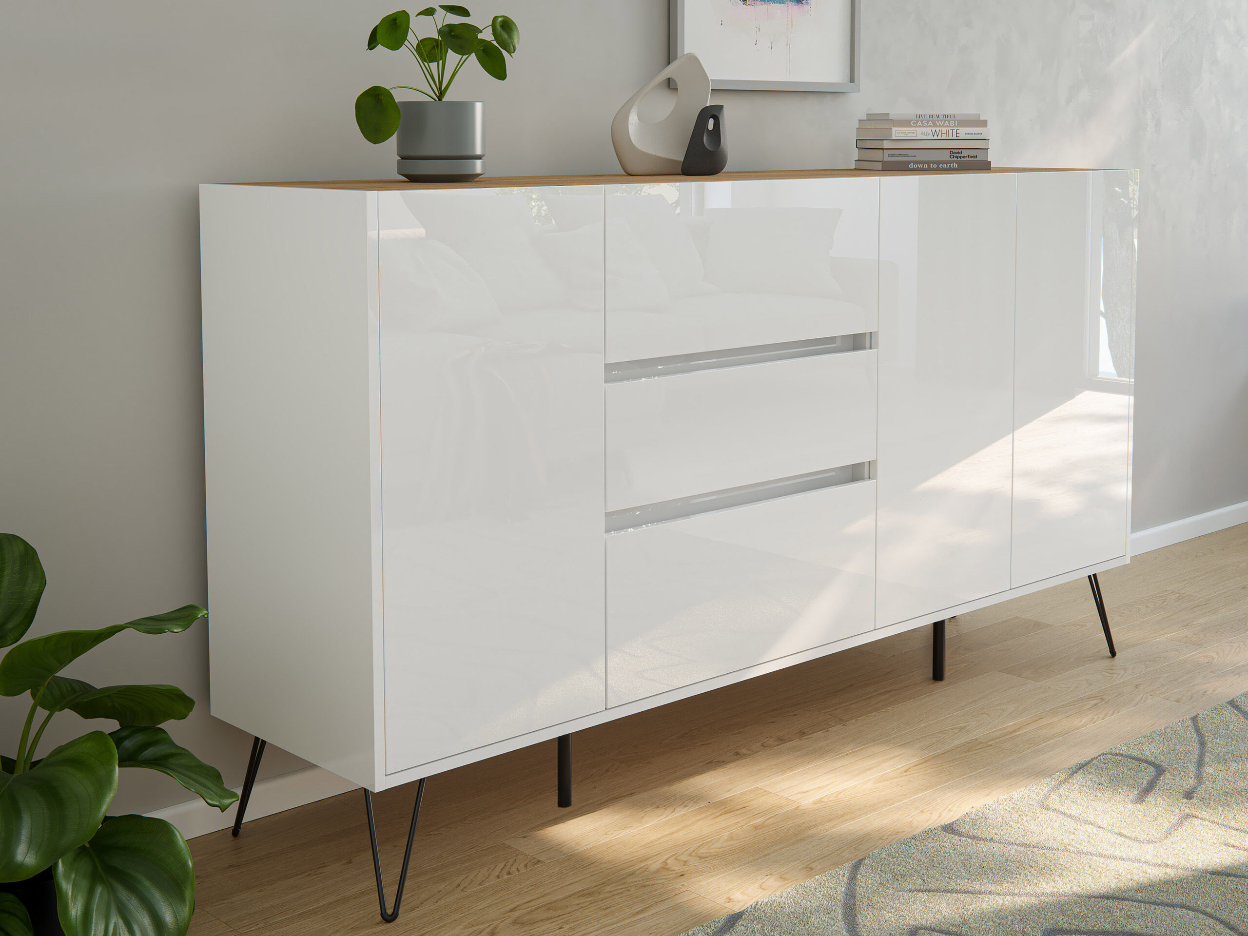 Design Sideboard Kommode Zuma 180cm Greifraum 3 SoftClose 3 Türen Weiß hochglanz