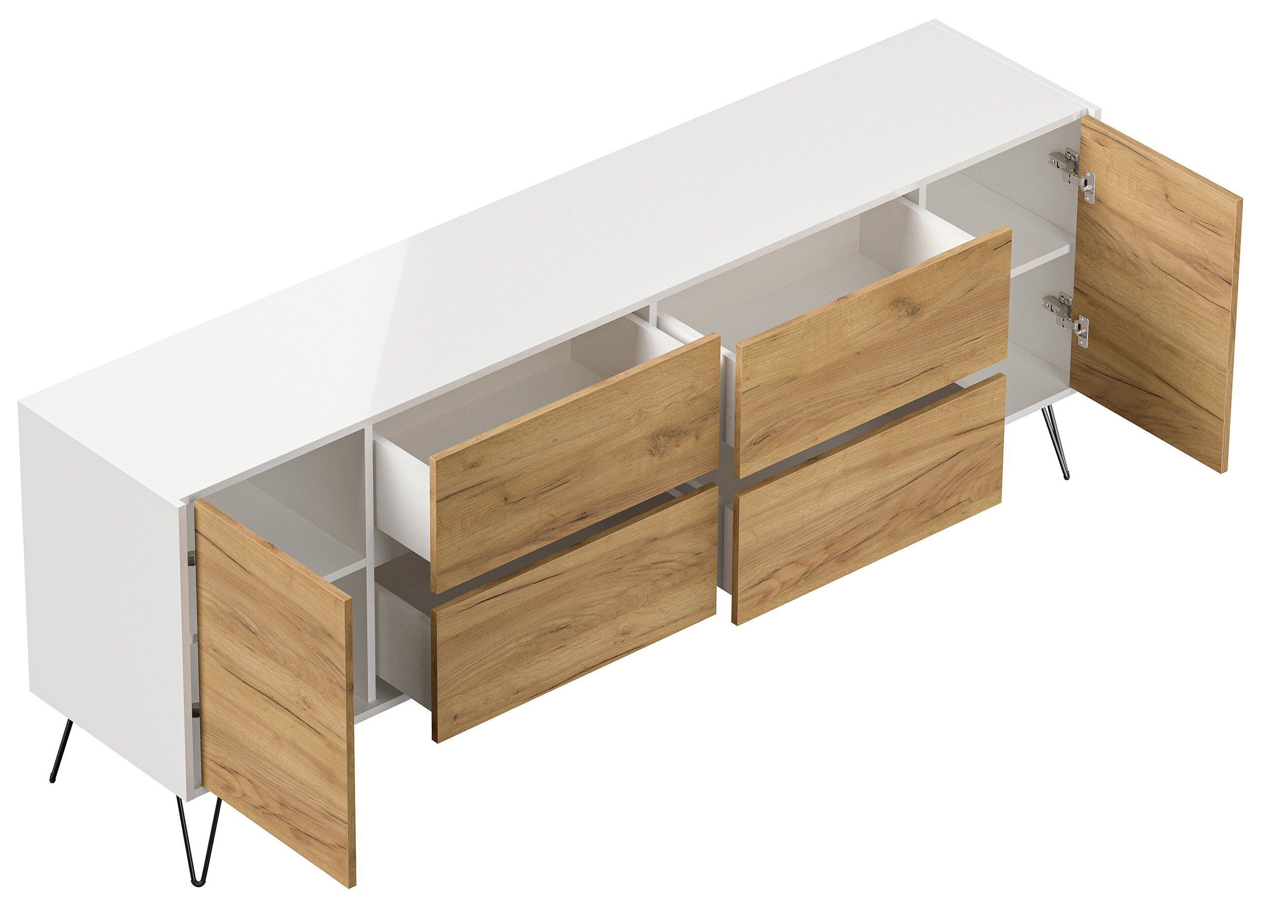 Raumwunder XXL Sideboard Heros 200cm 4 SoftClose 2 Türen Weiß/Eiche Front